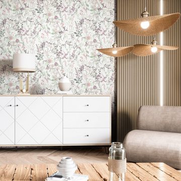 Newroom Vliestapete, Weiß Tapete Floral Blumen - Blumentapete Grün Rosa Romantisch Modern Blätter Zweige für Wohnzimmer Schlafzimmer Flur