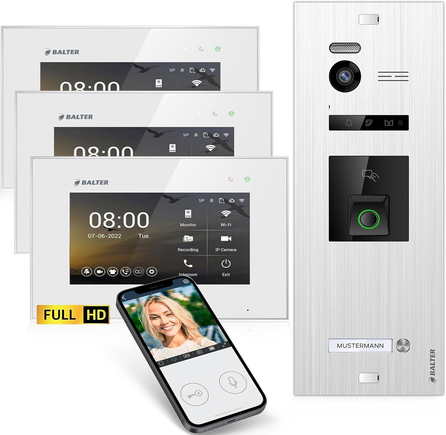 Balter Video-Türsprechanlage EVO HD Fingerprint RFID und App für 1 Familienhaus 3x Monitore (Gebäudetechnik, Komplettset, Fingerprint, RFID, App, Full HD 175° Ultraweitwinkelkamera)