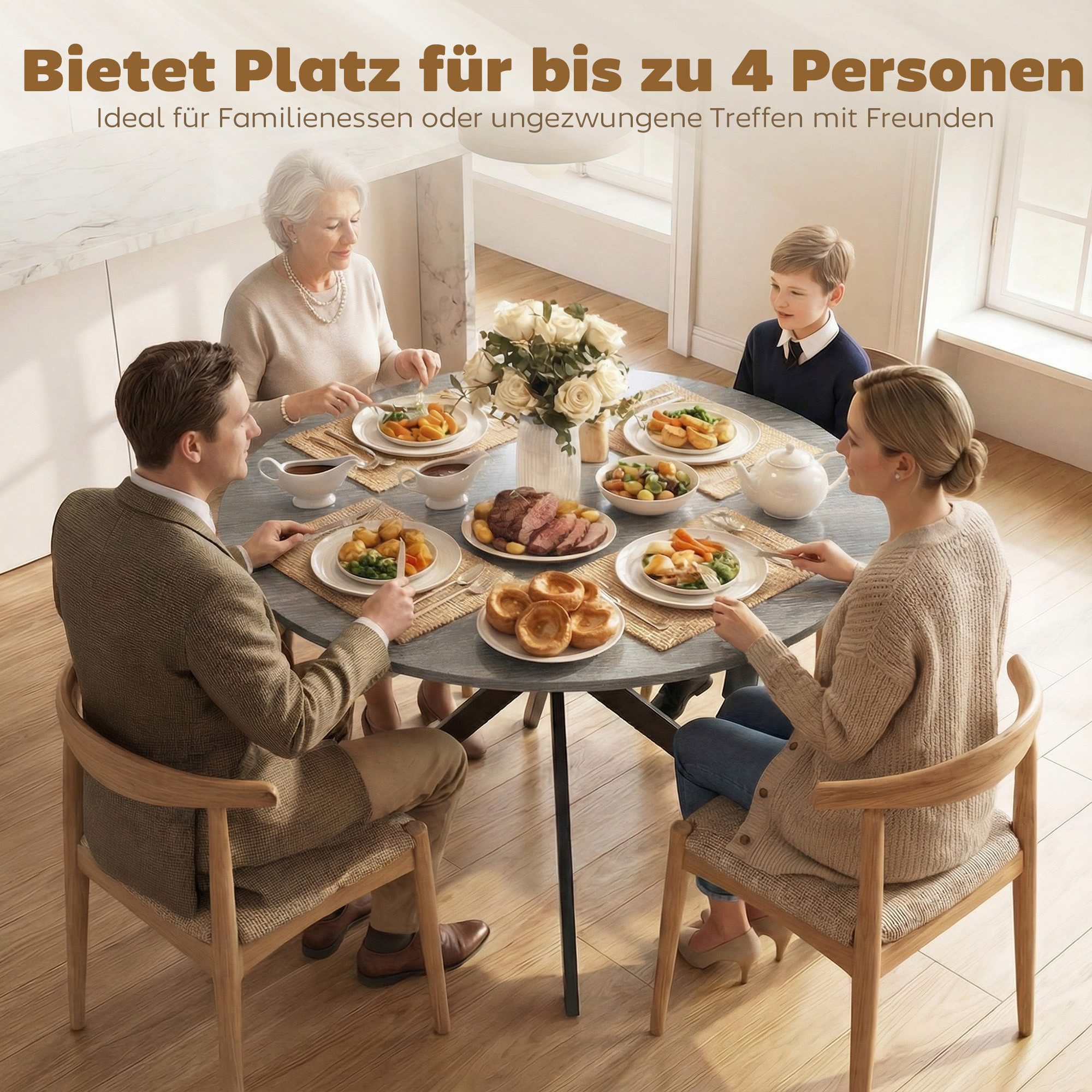 HOMCOM Esstisch Küchentisch im Industriestil mit Stahlbeinen für 4 Personen (für Esszimmer, Küche, Wohnzimmer, 1-St., rund, 100 x 100 x 75 cm), Grau – Bild 5 von 5