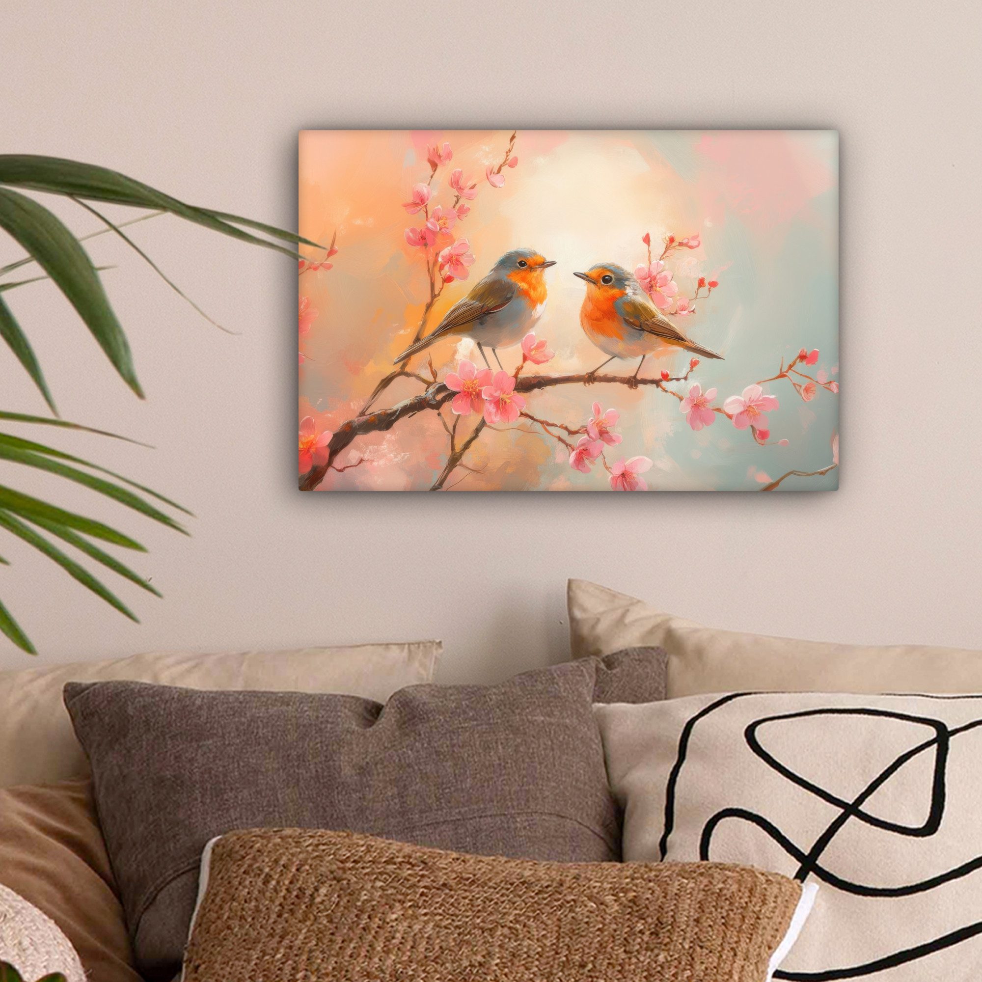 OneMillionCanvasses® Leinwandbild Rotkehlchen - Zierpflanze - Blütenzweig, günstig online kaufen