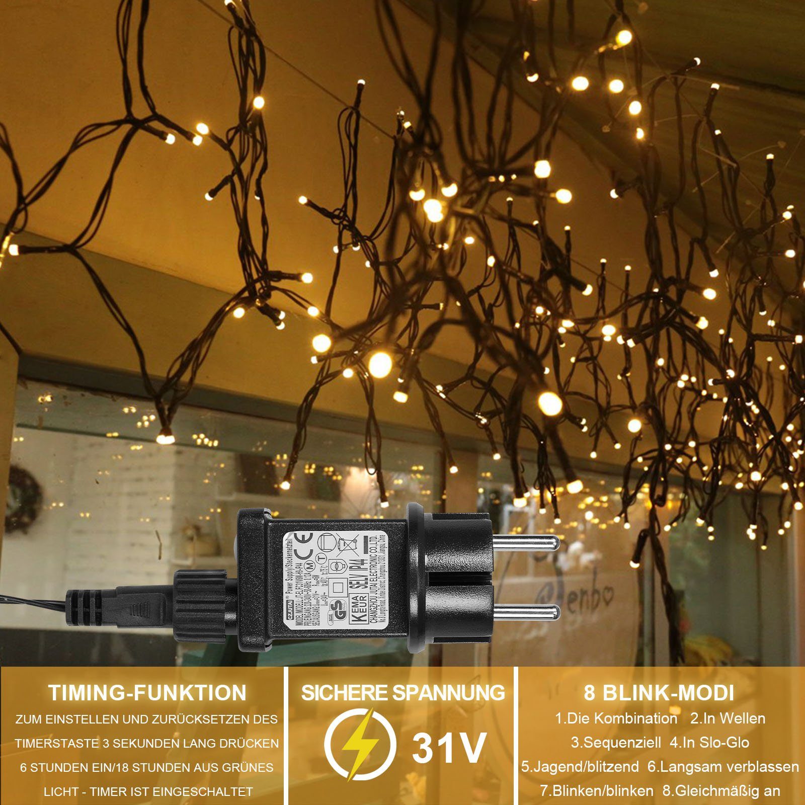 Sunicol LED-Lichterkette 5-100M lichterkette innen, USB/mit Stecker, Warmweiß, 500-flammig, Dimmbar, 8 Modi, Timer, für Weihnachten Garten Party – Bild 3 von 5