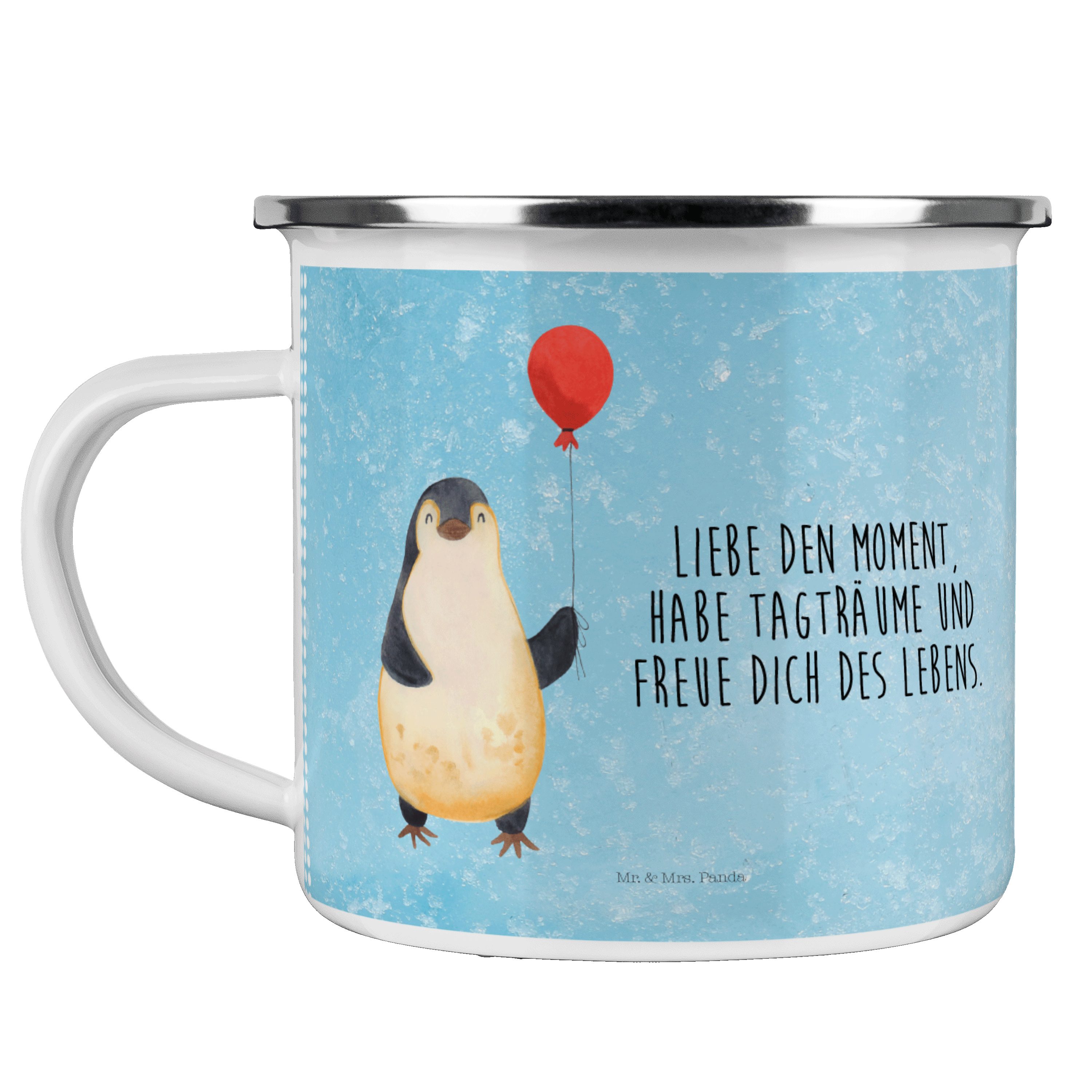 Mr. & Mrs. Panda Pinguin Tagträume, Eisblau Campingtasse, - Kin, Geschenk, Becher Emaille Luftballon 