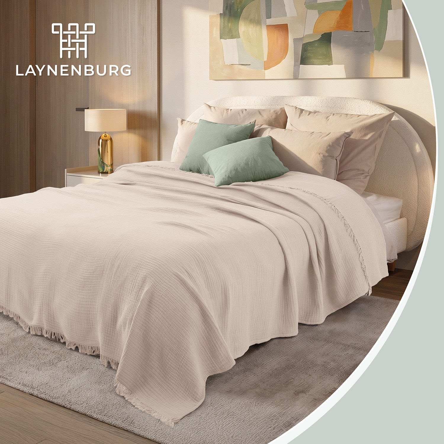 Laynenburg Tagesdecke Musselin mit Fransen aus 100% Baumwolle – Baumwolldecke, Wohndecke als Sommerdecke, Bett-Überwurf, Sofa-Decke, Kuscheldecke – Bild 2 von 5