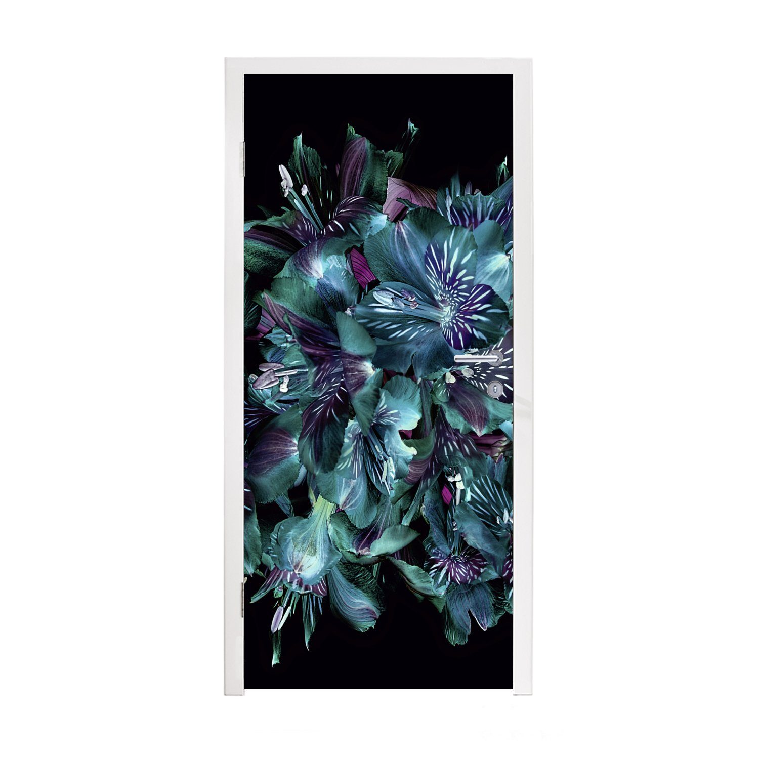 MuchoWow Türtapete Eine Nahaufnahme von peruanischen Lilien auf schwarzem Hintergrund, Matt, bedruckt, (1 St), Selbstklebende Tapete, Folie für Möbel, 75x205 cm