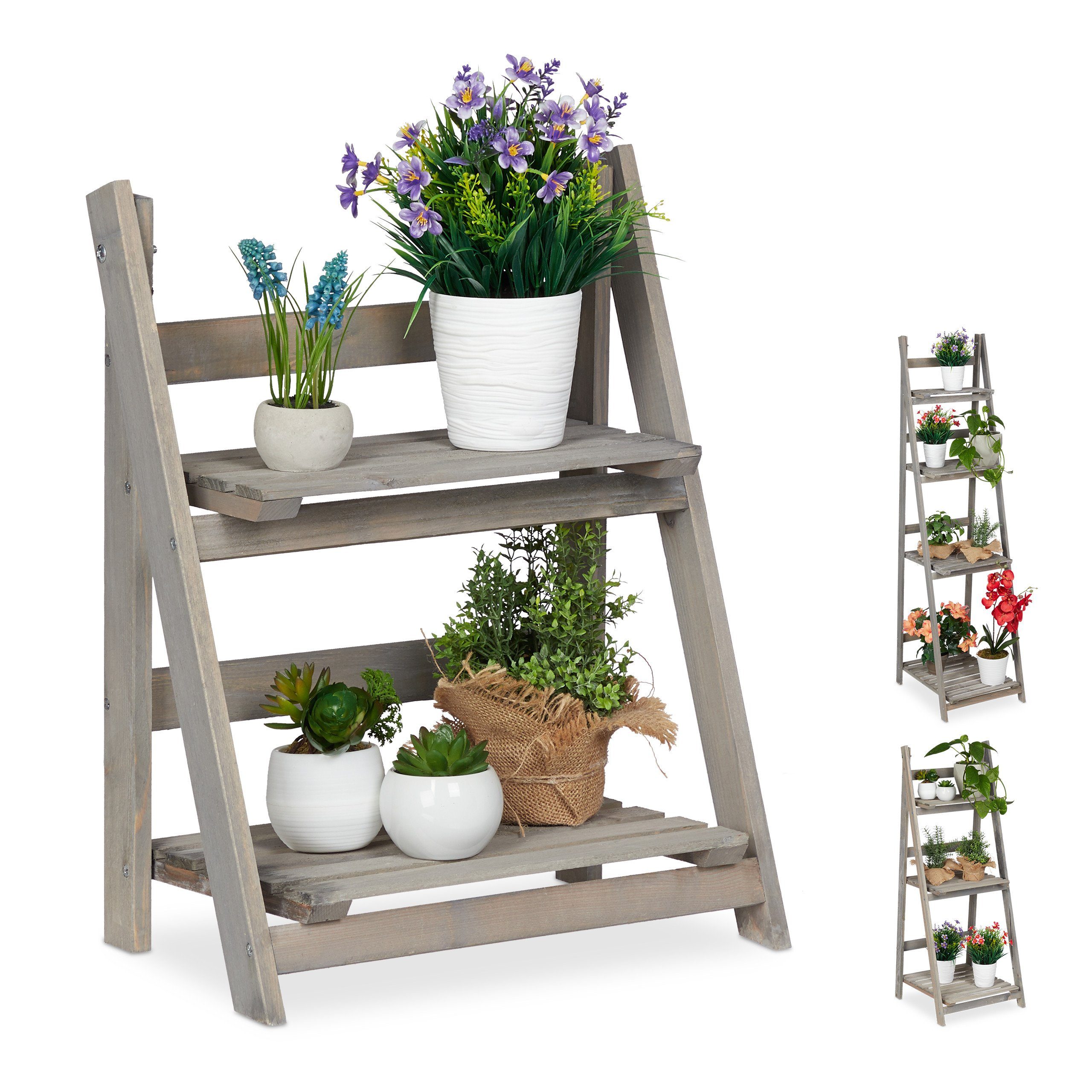 relaxdays Blumenständer Blumentreppe Holz grau, M