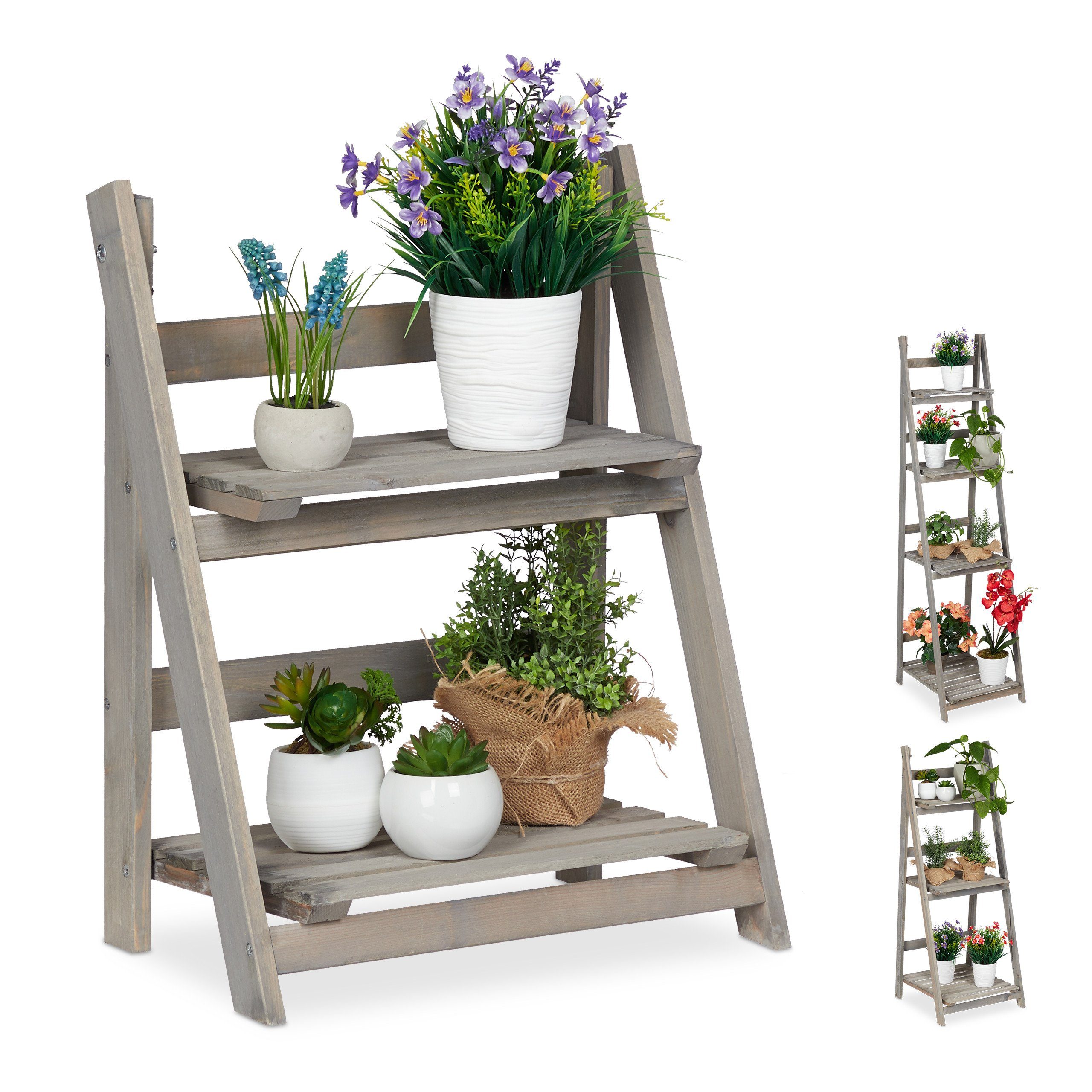 relaxdays Blumenständer Blumentreppe Holz grau, M, Blumensäule