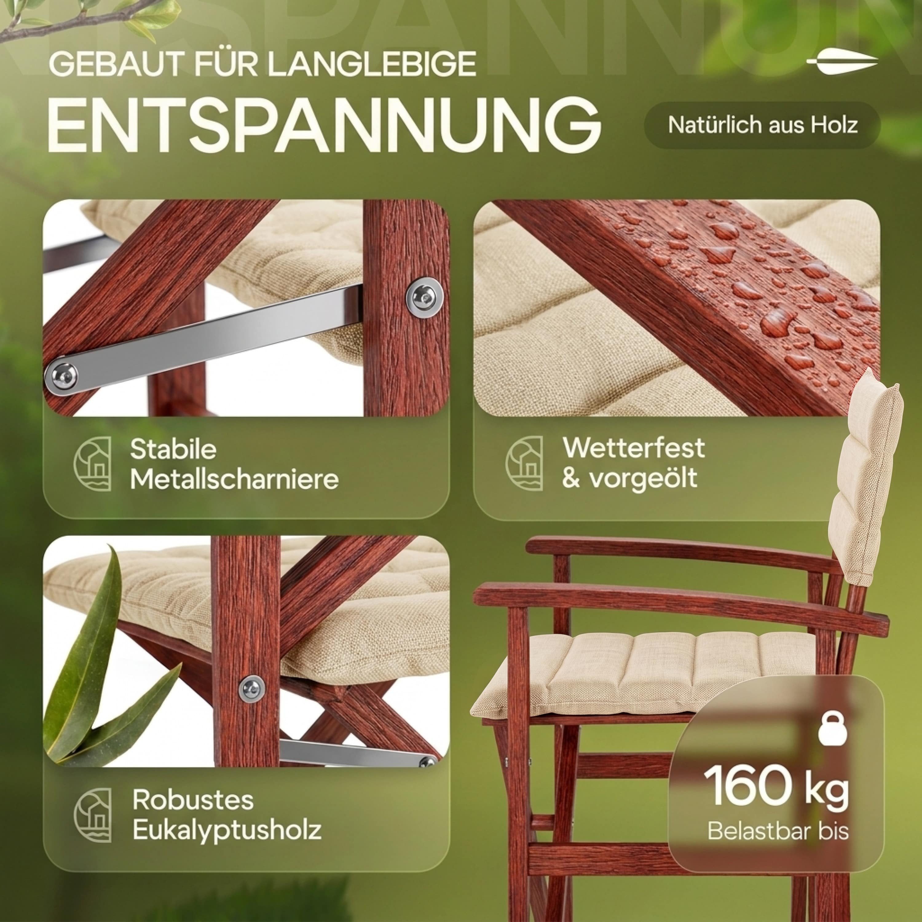 Casaria Regiestuhl, Klappbarer gepolsterter FSC®-zertifizierter Holz Stuhl bis 160 kg