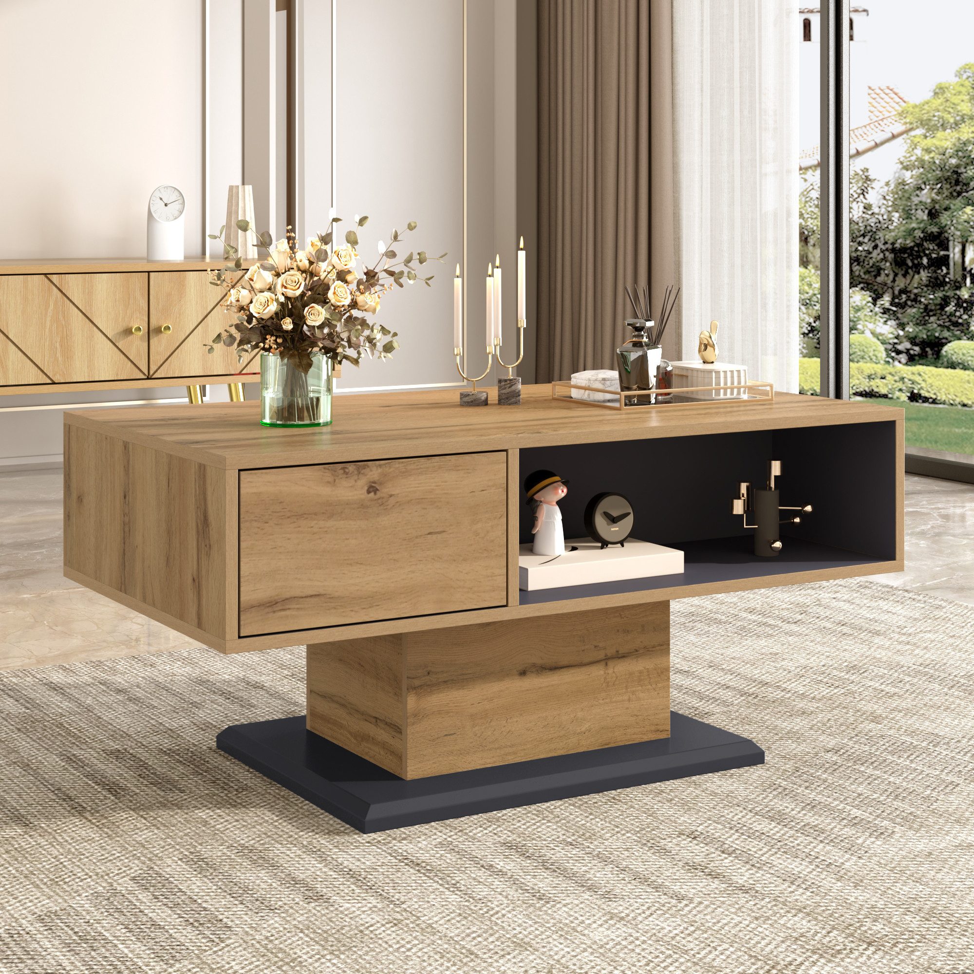 Merax Couchtisch in Holzoptik mit großer Ablagefläche (1-St), Wohnzimmertisch mit doppelseitigem Stauraum & Innenfach, 100x50x46,5cm