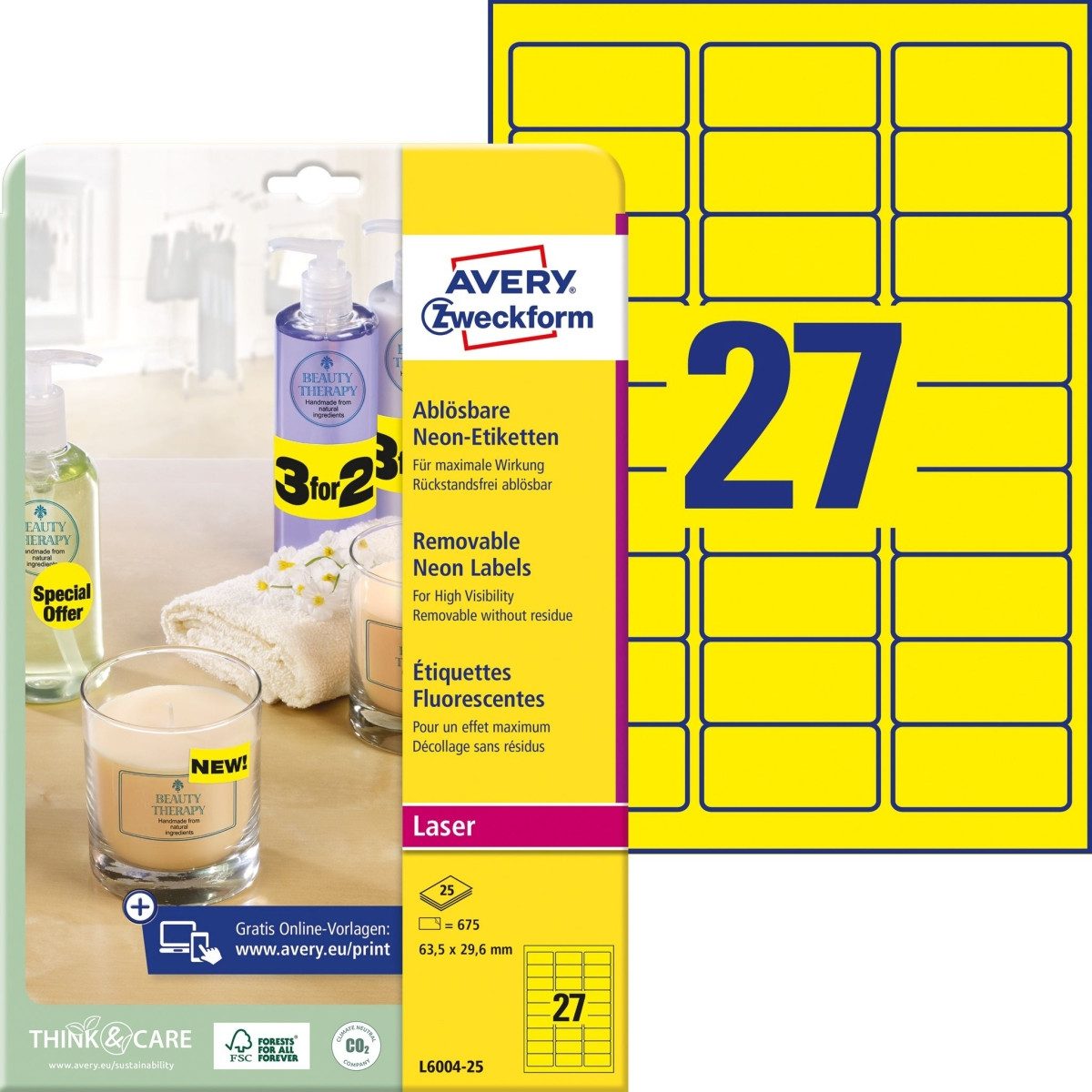 Avery Zweckform Etiketten Etiketten 63,5x29,6mm neongelb VE=675 Stück