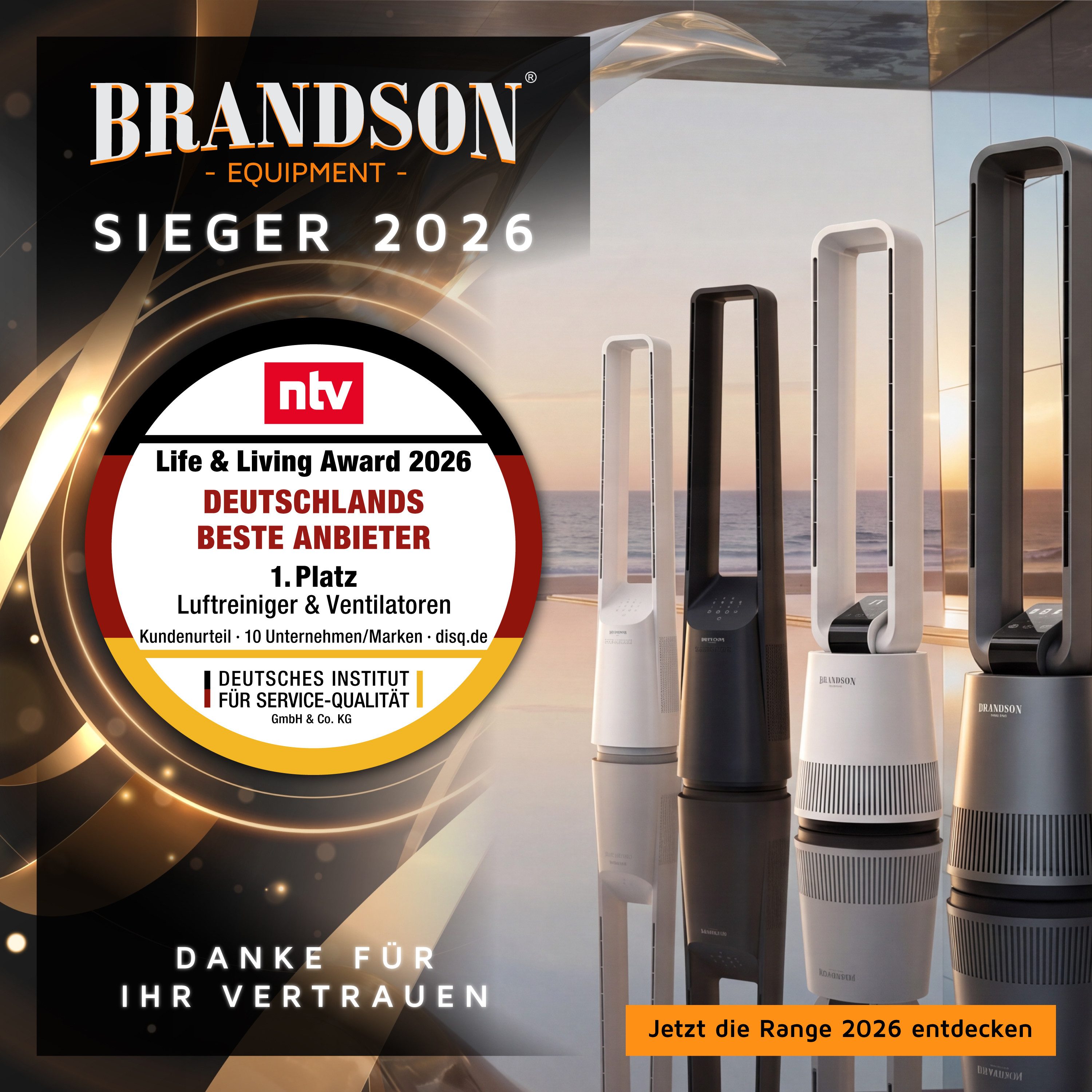 Brandson Turmventilator DC-Motor, Säulenventilator blattlos, Timer, Fernbedienung, Oszillation, Sieger Ventilatoren & Luftkühler 2026, 3 Modi, Touch, leise, rotorlos
