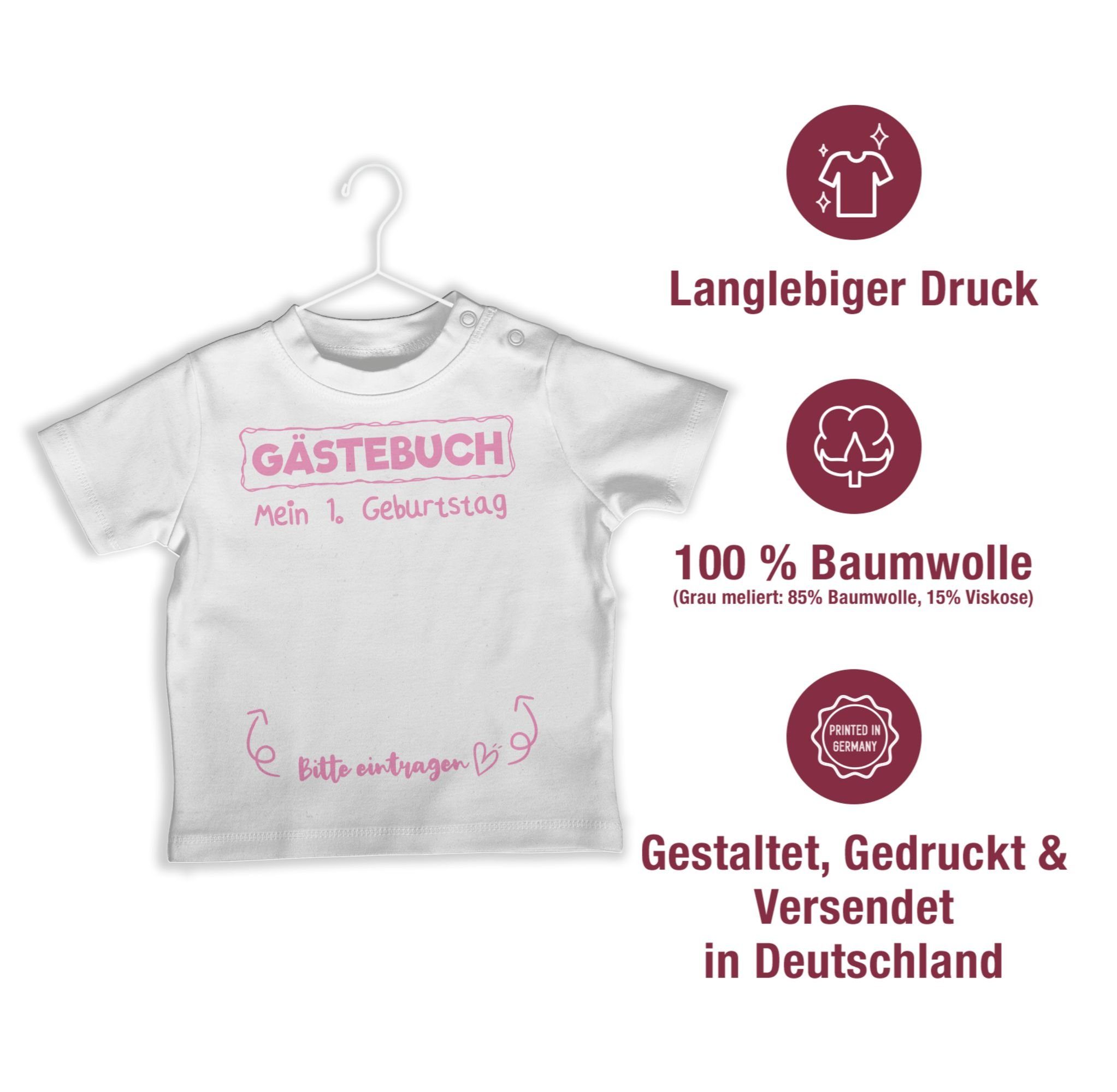 erster 1 Shirtracer T-Shirt Geburtstag Gästebuch Mein 1. Weiß rosa Geburtstag