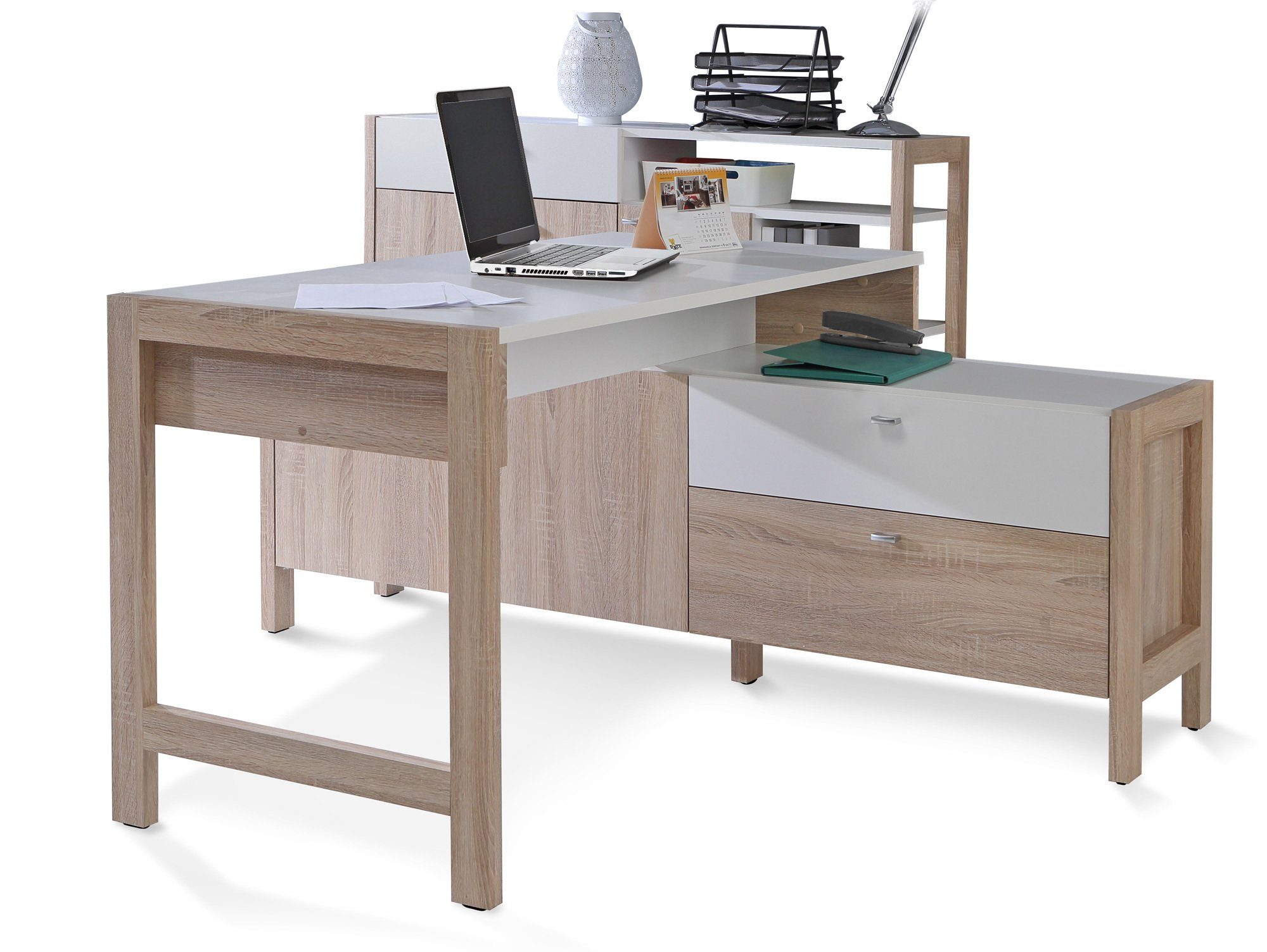 Schreibtisch, Eiche Moebel-Eins Schreibtisch, HALDO sonomafarbig/weiss Material Dekorspanplatte,