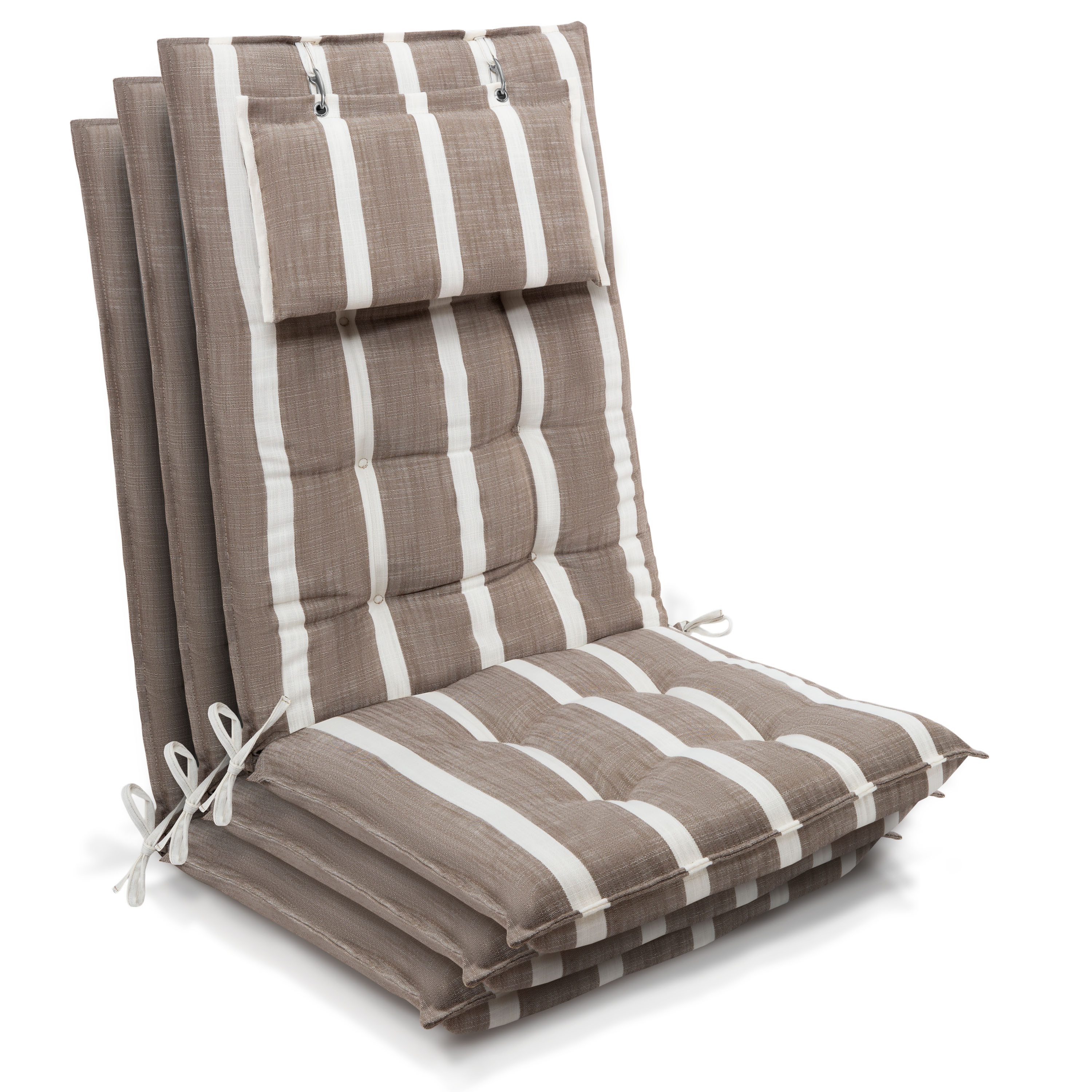 Beautissu Hochlehnerauflage 3er Set Sun-HL Hochlehner Auflage 120x50x8cm Beige-Weiß-Gestreift, Mit Kopfpolster, rutschfest & robust – Befestigungsbänder, UV 5