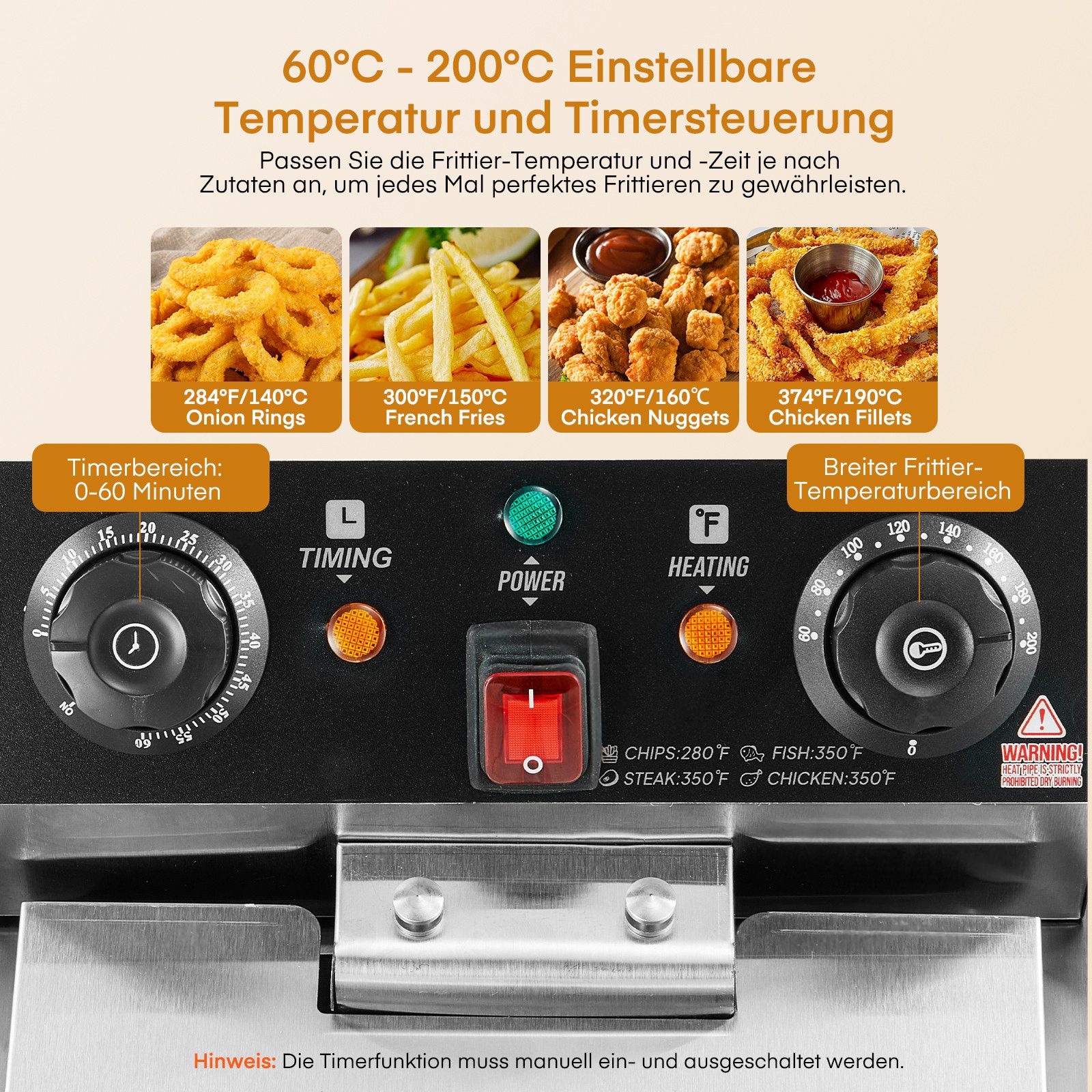 FOHERE Kaltzonenfritteuse 11L Elektrofritteuse mit Ölablass, Profi-Fritteuse mit Korb & Deckel, 3000 W