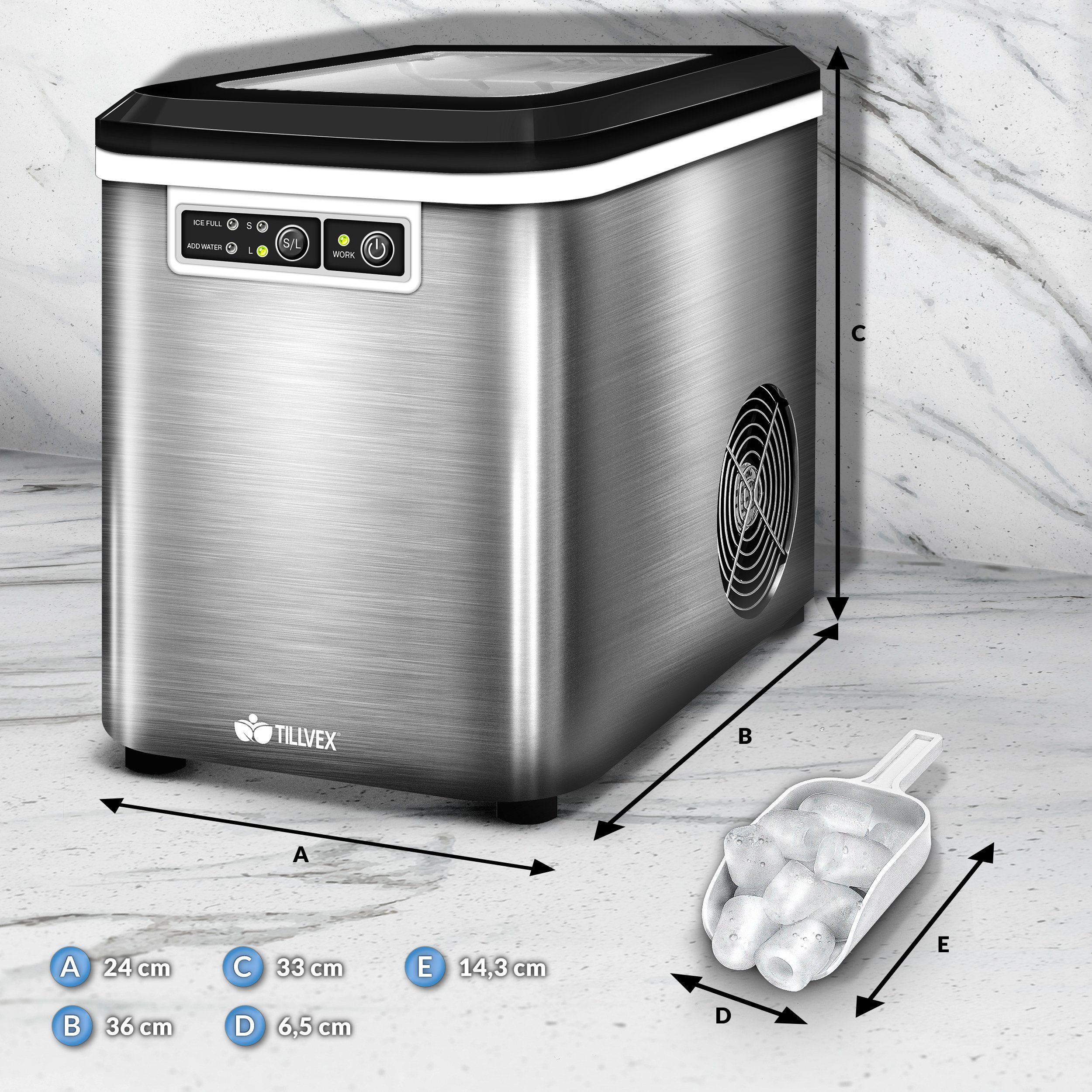 tillvex Eiswürfelmaschine 2,2 Liter Wassertank Ice-Maker LED-Display & Selbstreinigungsfunktion, Edelstahl 12 kg - 24 h, Eiswürfelbereiter