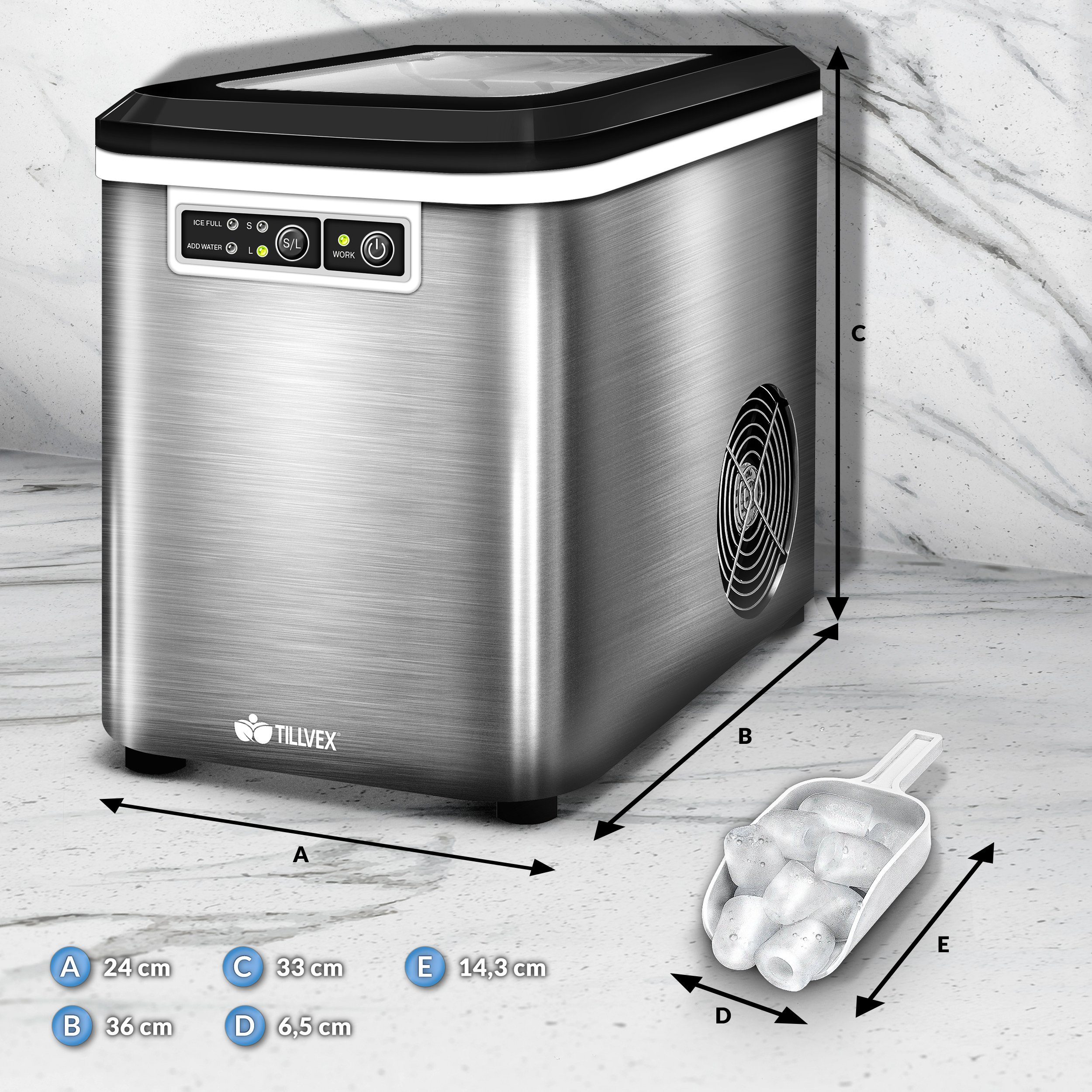 tillvex Eiswürfelmaschine 2,2 Liter Wassertank Ice-Maker LED-Display &  Selbstreinigungsfunktion, Edelstahl 12 kg - 24 h, Eiswürfelbereiter | Eismaschinen