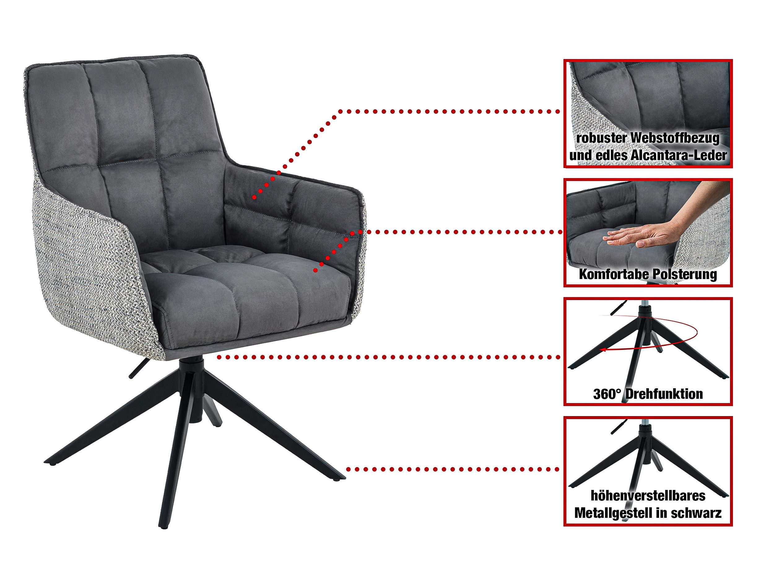 Massivart® Polsterstuhl höhenverstellbar, 360° Drehfunktion, Esszimmerstuhl Webstoff »KALVO«, Armlehnen · Federkorb · Metallgestell schwarz pulverbeschichtet