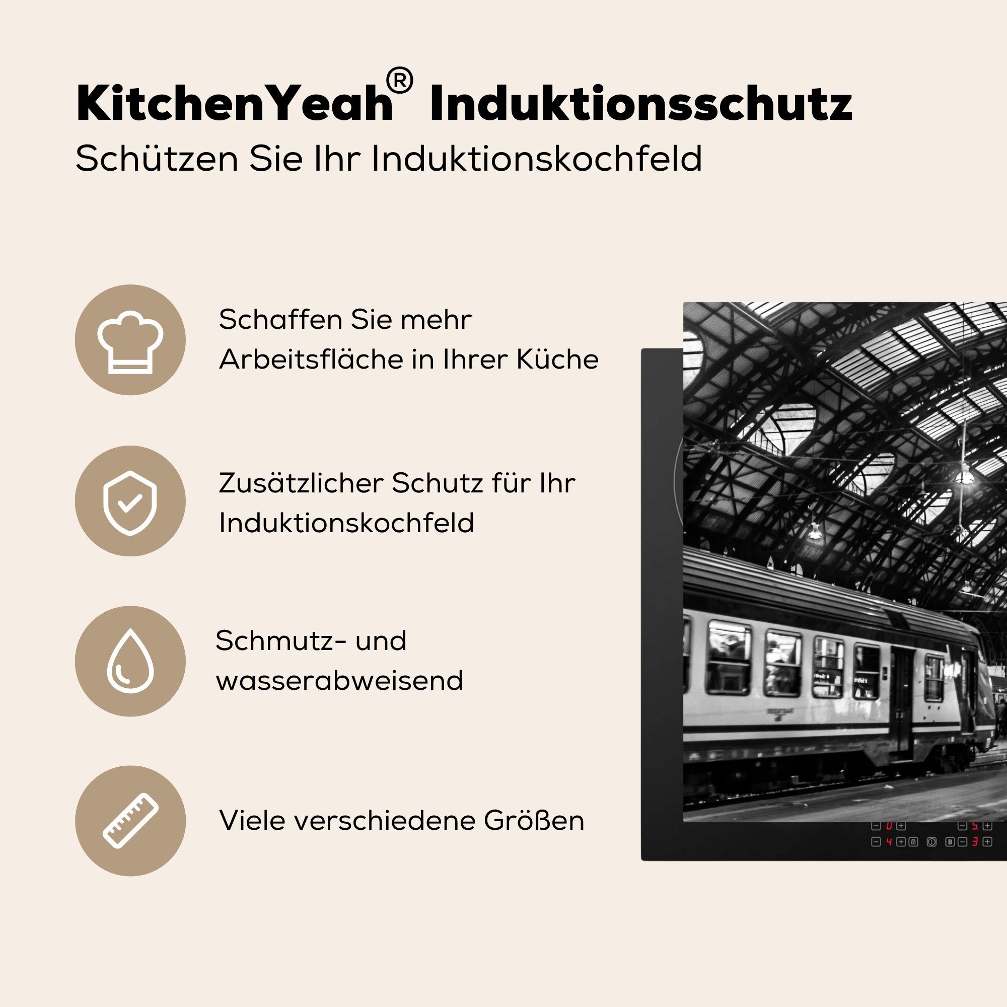 Ceranfeldabdeckung Schwarz-Weiß, MuchoWow Herdblende-/Abdeckplatte Vinyl, Schutz tlg), Bahnhof Induktionskochfeld küche, 81x52 die cm, Mailänder (1 für in