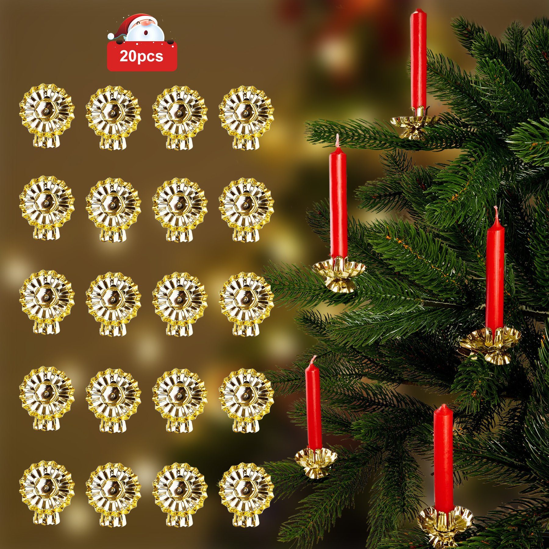 CALIYO Kerzenständer Weihnachtsbaum Kerzenständer 20 Metall Kerzen Clips (20 St), Traditionelle Kerzenzwicker mit Clip Gold