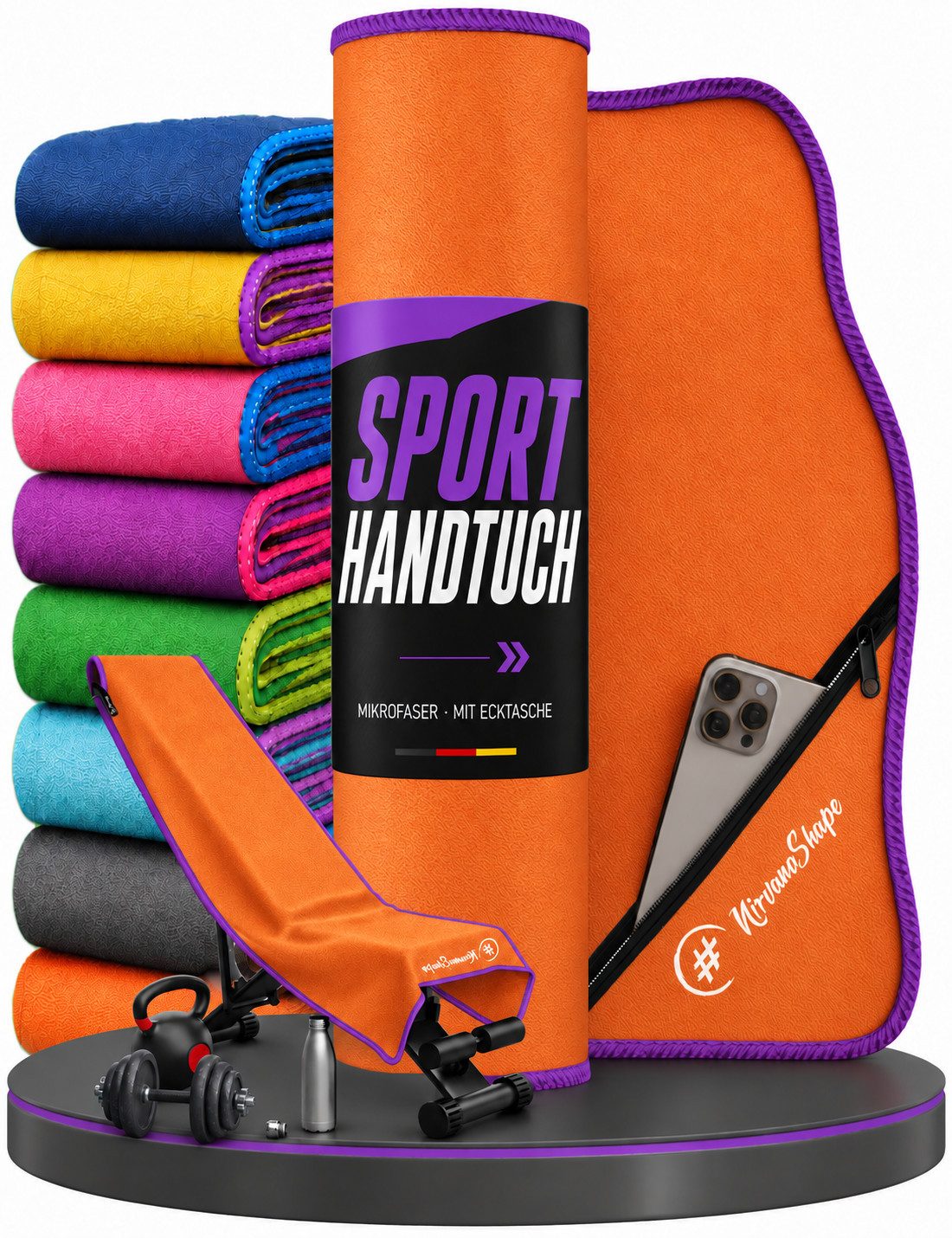 NirvanaShape Sporthandtuch NirvanaShape Mikrofaser Fitnesshandtuch mit Ecktasche und Knöpfen, saugfähig, leicht, schnelltrocknend, für Reisen, Fitness, Yoga, Sauna