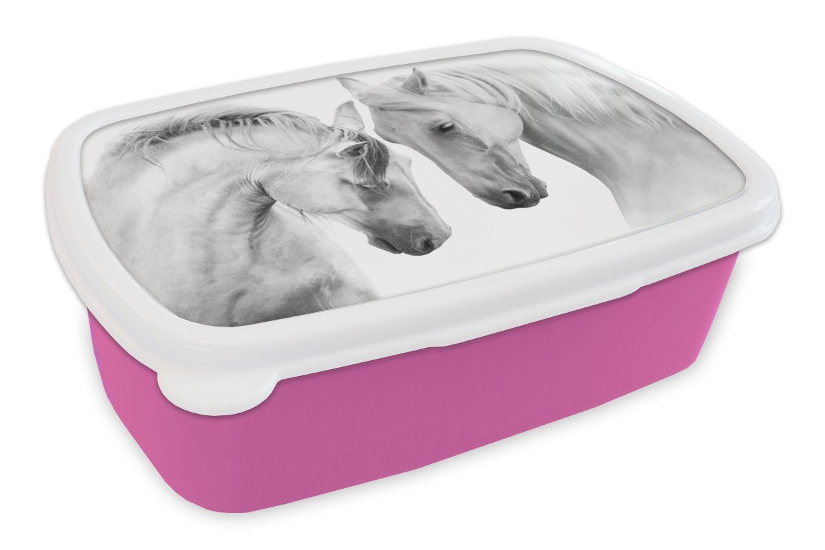 MuchoWow Lunchbox Pferd - Tiere - Porträt - Weiß, Kunststoff, (2-tlg), Brotbox für Erwachsene, Brotdose Kinder, Snackbox, Mädchen, Kunststoff rosa