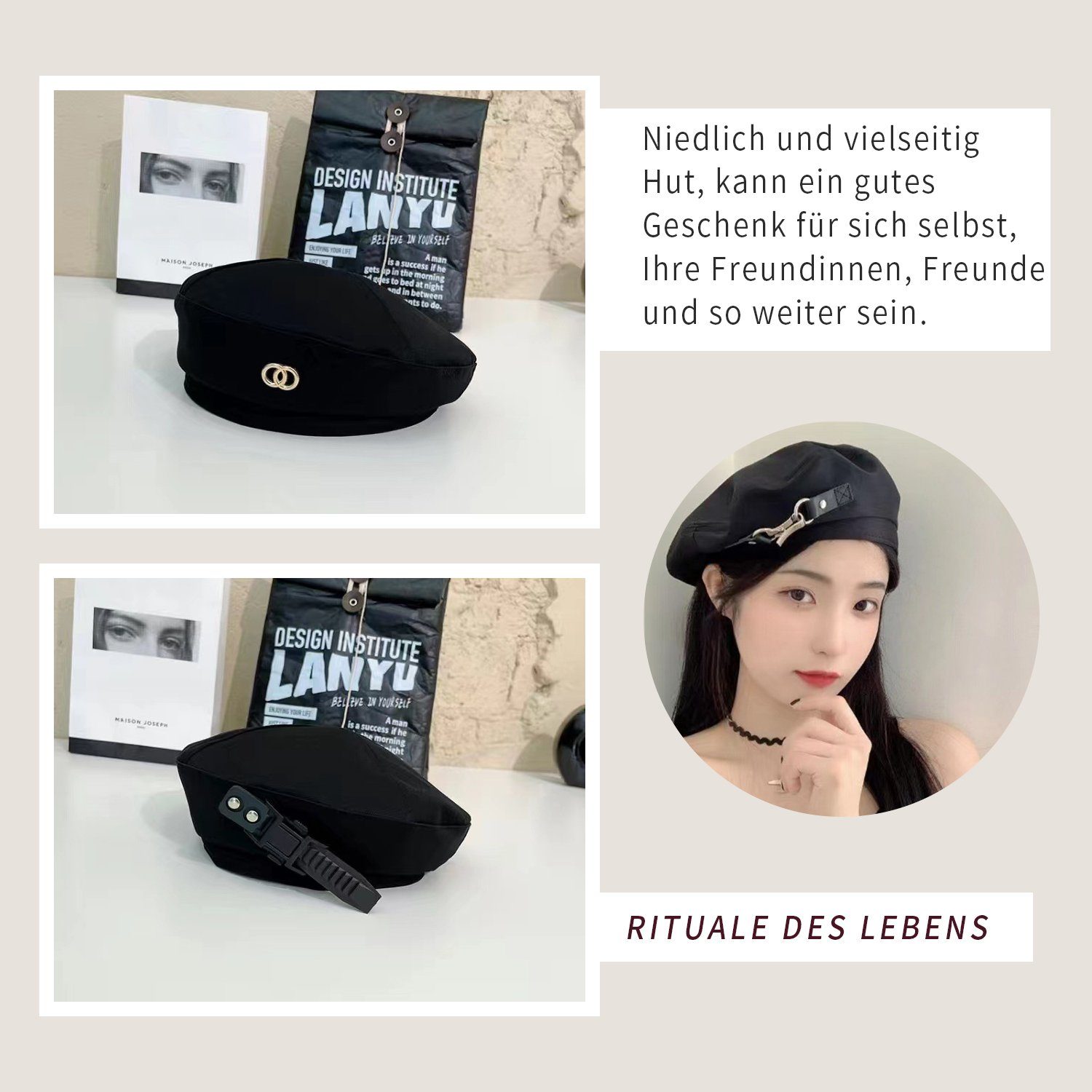 Stil Schwarz Beret Lederschnalle, Liebe Baskenmütze dekorative 3 MAGICSHE Elegante