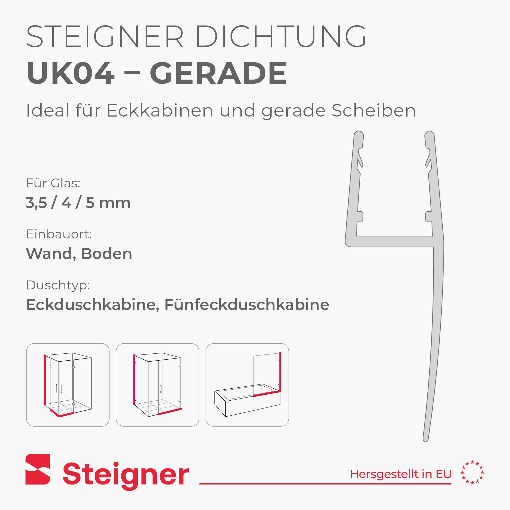 STEIGNER Duschdichtung Duschtürdichtung gerade 30 cm UK04 (1 Stk) Transparent 3,5-5 mm, L: 30 cm, (1 Stück Packung, Einzeldichtung), Dichtung für Eckeinstieg Du – Bild 2 von 5