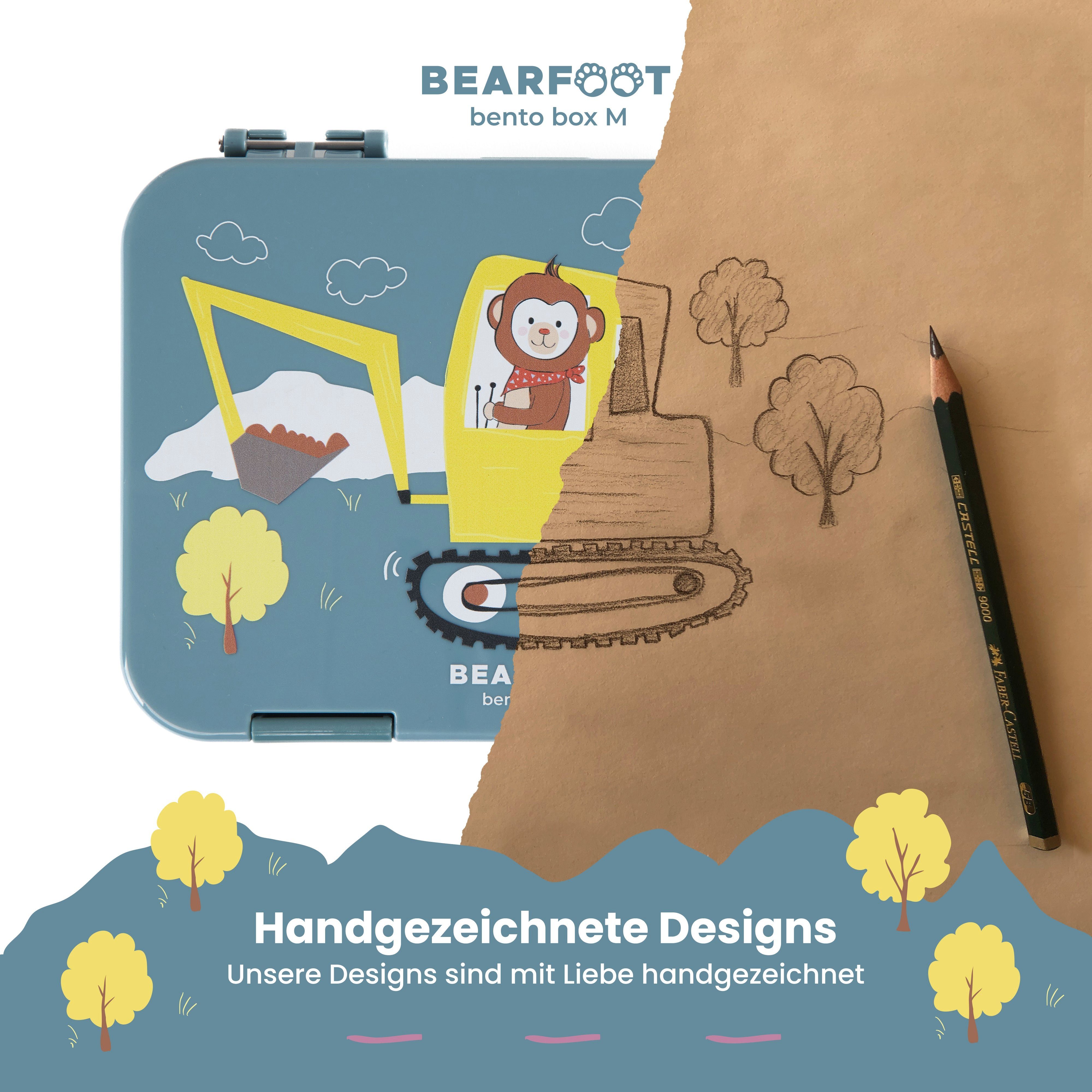 BEARFOOT Lunchbox Brotdose Kinder mit Fächern, Lunchbox, Bento box - Affe blau, handgezeichnete Designs, modular