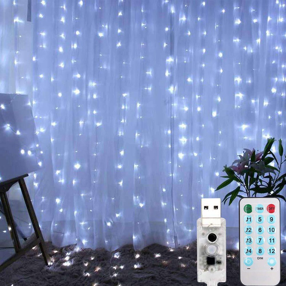 Sunicol LED-Lichtervorhang 3x3m 300 LED Lichterketten, Lichternetz, Weihnachten Innen Dekoration, Wasserdicht, USB Vorhang Nachtlicht für Wand Zimmer Party Fenster Weiß