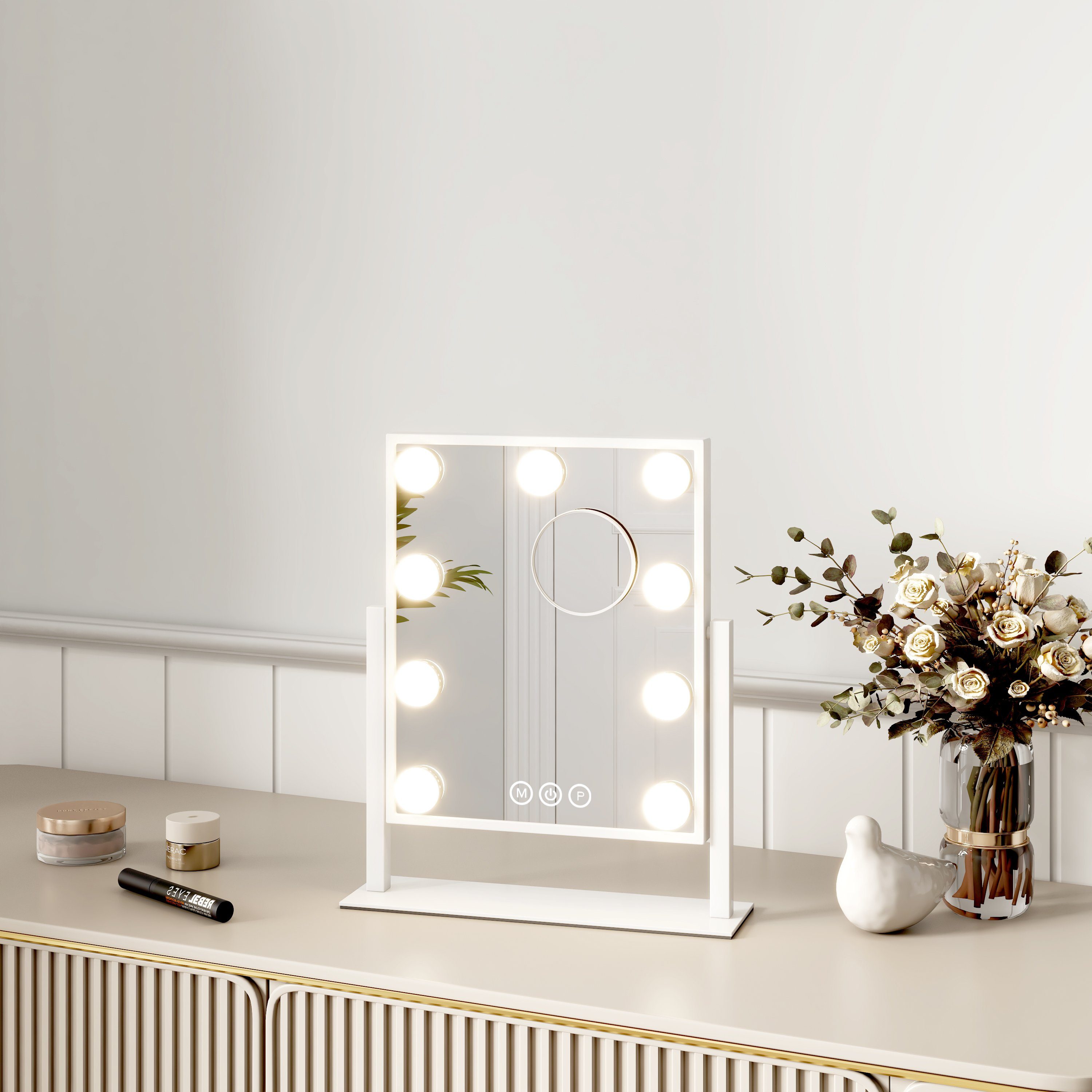 EMKE Kosmetikspiegel 3 360° mit 7x Weiß LED-Leuchtmitteln Drehbar Dimmbaren Schminkspiegel Hollywood Lichtfarben Spiegel Beleuchtung, Vergrößerung