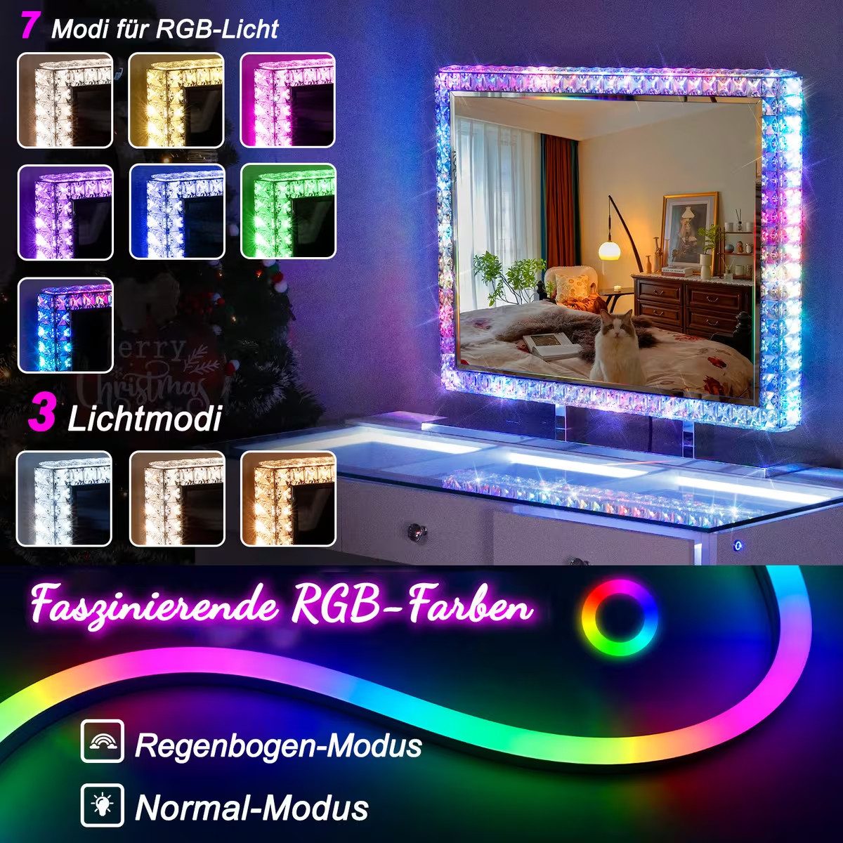 FENCHILIN Schminkspiegel mit umlaufender LED-Lichtleiste und Strasssteinen, 80 x 60 x15 cm (1-St), Bluetooth-Lautsprecher, USB-Ladeanschluss, Facettenschliff-Ra – Bild 5 von 5