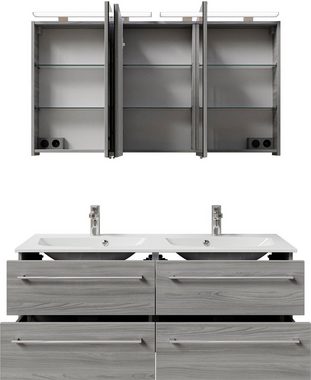 Saphir Badmöbel-Set Serie 6025 2-teilig Mineralmarmor-Waschtisch mit LED-Spiegelschrank, (2-St), Waschplatz 132cm breit, 4 Schubladen, 2 Spiegel-Türen, inkl Türdämpfer