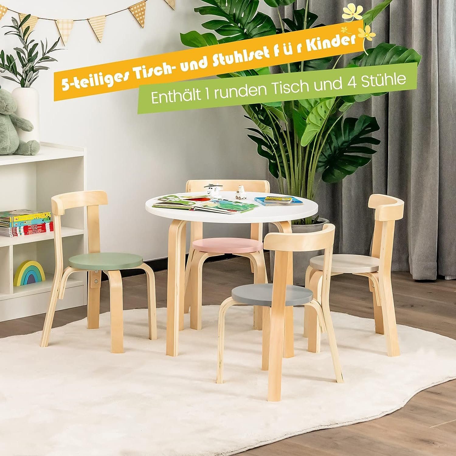 KOMFOTTEU Kindersitzgruppe Kinderaktivitätstisch, (Set, 5-tlg), aus Bugholz