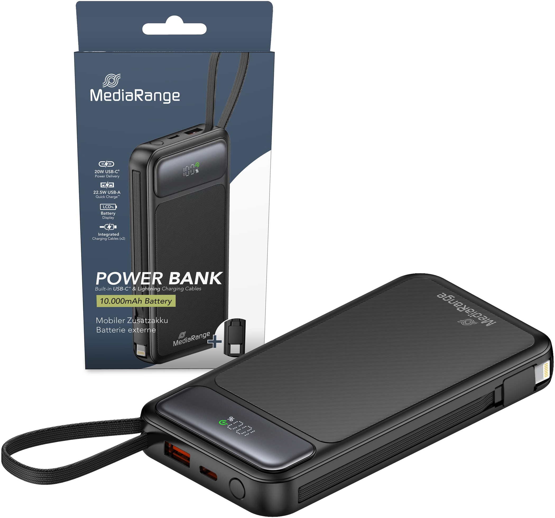 Mediarange Powerbank 10000 mAh Ladegerät USB 2x Typ C, Typ A, Lightning schwarz Powerbank