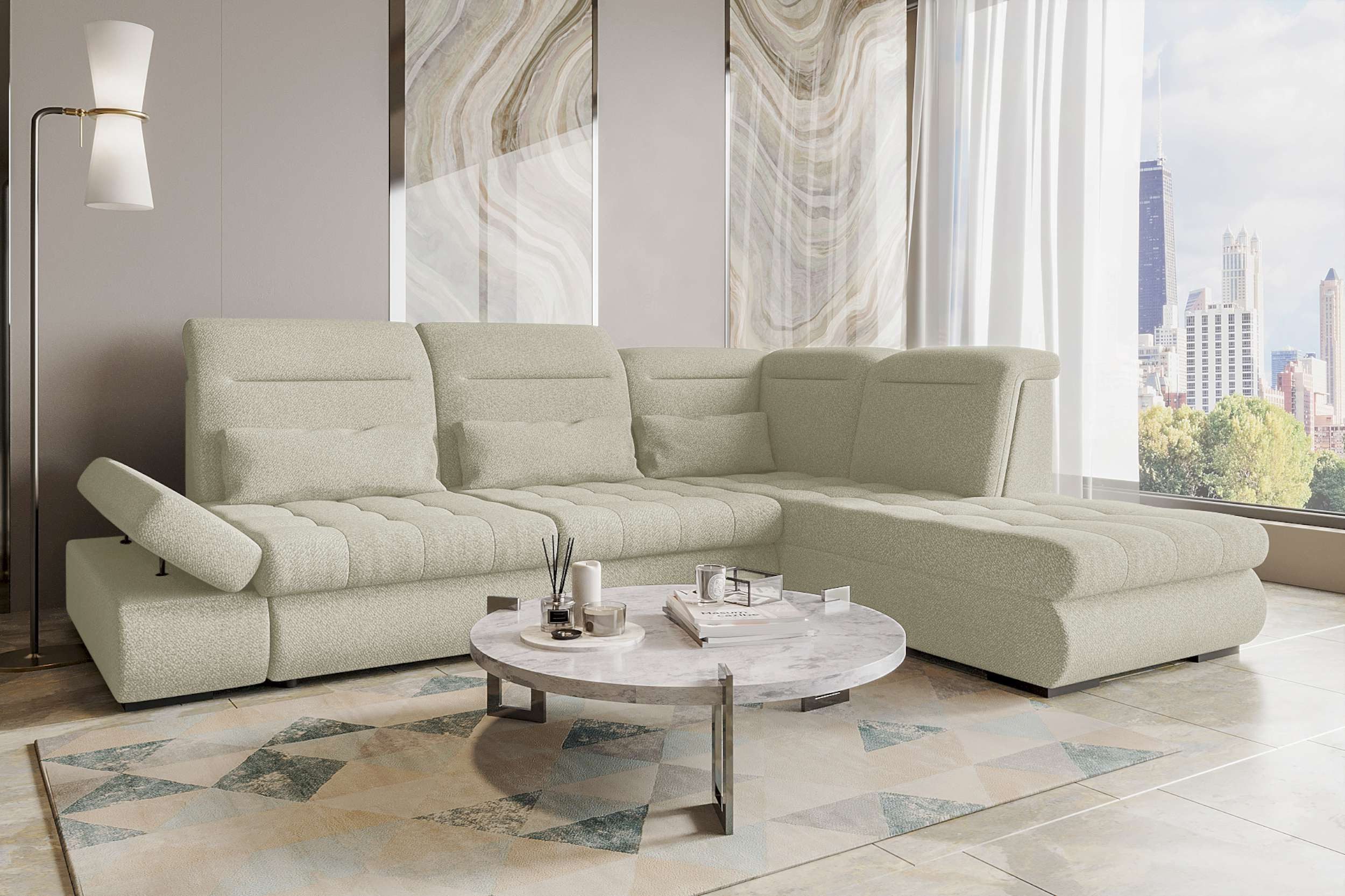 99rooms Ecksofa Toscana, Sofa L-Form, Eckcouch, Bettfunktion, Rundumbezug aus gepolstertem Strukturstoff NEVE