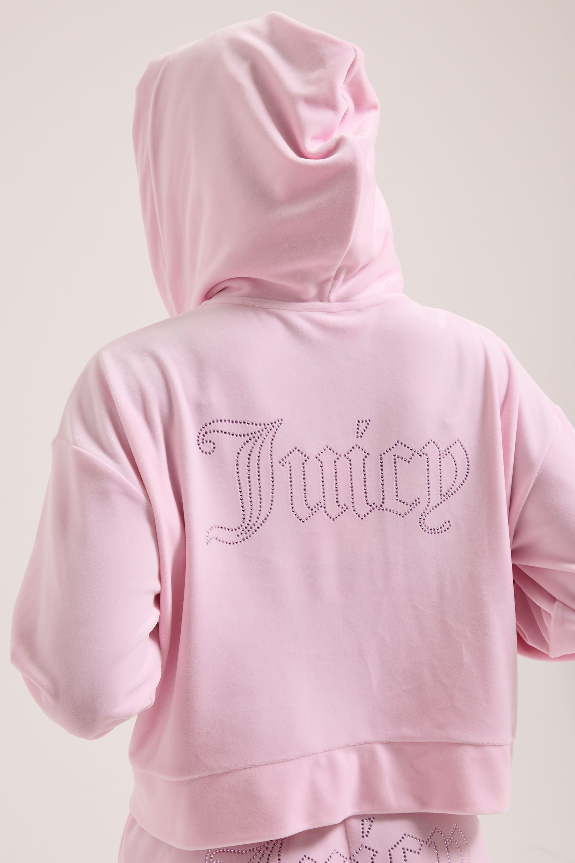 Juicy Couture Kapuzennickijacke ICCLE OUTLINE CROPPED HOODIE. Damen Trainingsjacke Damen, Sweatjacke mit Kapuze, Velour, mit Glitzer, Sale