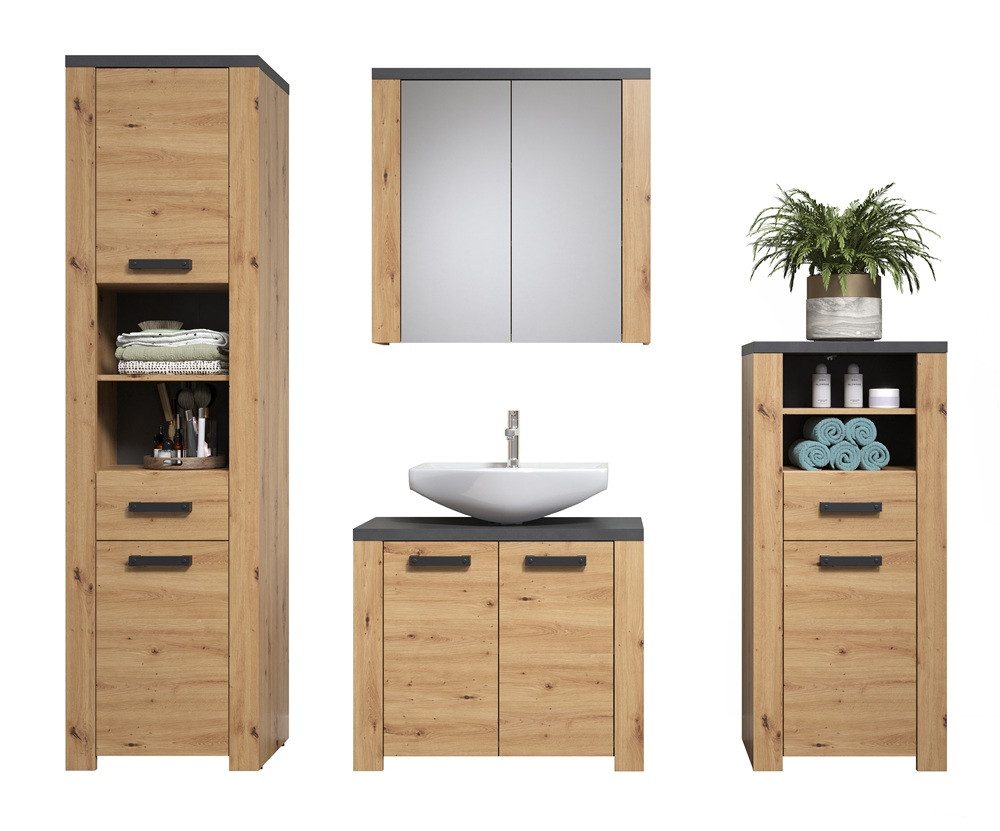 trendteam Badmöbel-Set 4-teilig, Artisan Eiche/Matera Grau, Badkombination, (4-St), Badmöbel, Badkombination, Badezimmer Set, 4-teilig