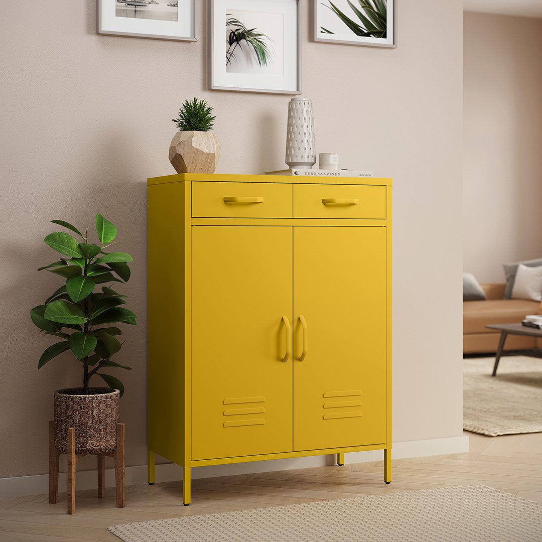skølm Kommode Atria aus Metall (Senfgelb, 2 Schubladen & 2 Fächer), höhenverstellbare Böden, Highboard auch verfügbar ohne Schubladen