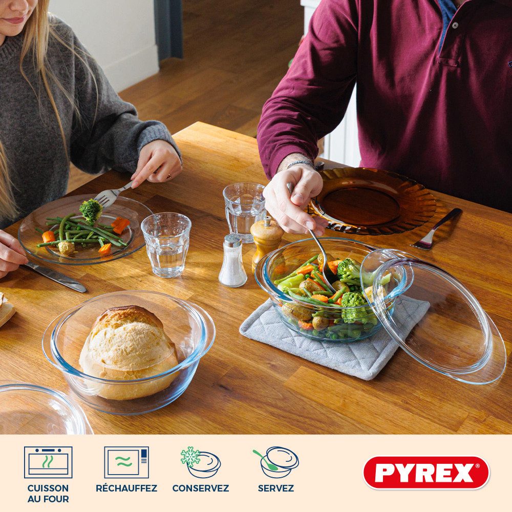 PYREX Auflaufform 4 in 1 Kasserollen-Set rund, je 3 l, Borosilikatglas, (2-St), mit Glasdeckel, hitzebeständig, mikrowellengeeignet, gefriergeeignet