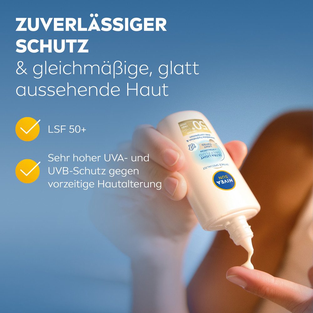 Nivea Sun Sonnenschutzfluid Ultra Light Daily Fluid LSF 50+ +Hyaluron Light Tinted, leicht getönt, schützt helle Haut vor UV-Strahlen