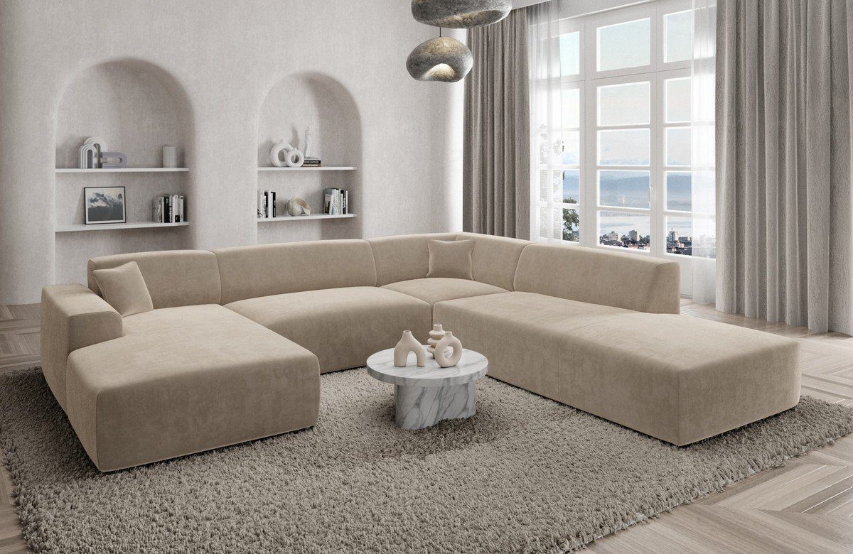 Sofa Dreams Wohnlandschaft Polster Designer Sofa Mallorca U Lounge Samtstoff Stoffsofa, U-Form Loungesofa beige02