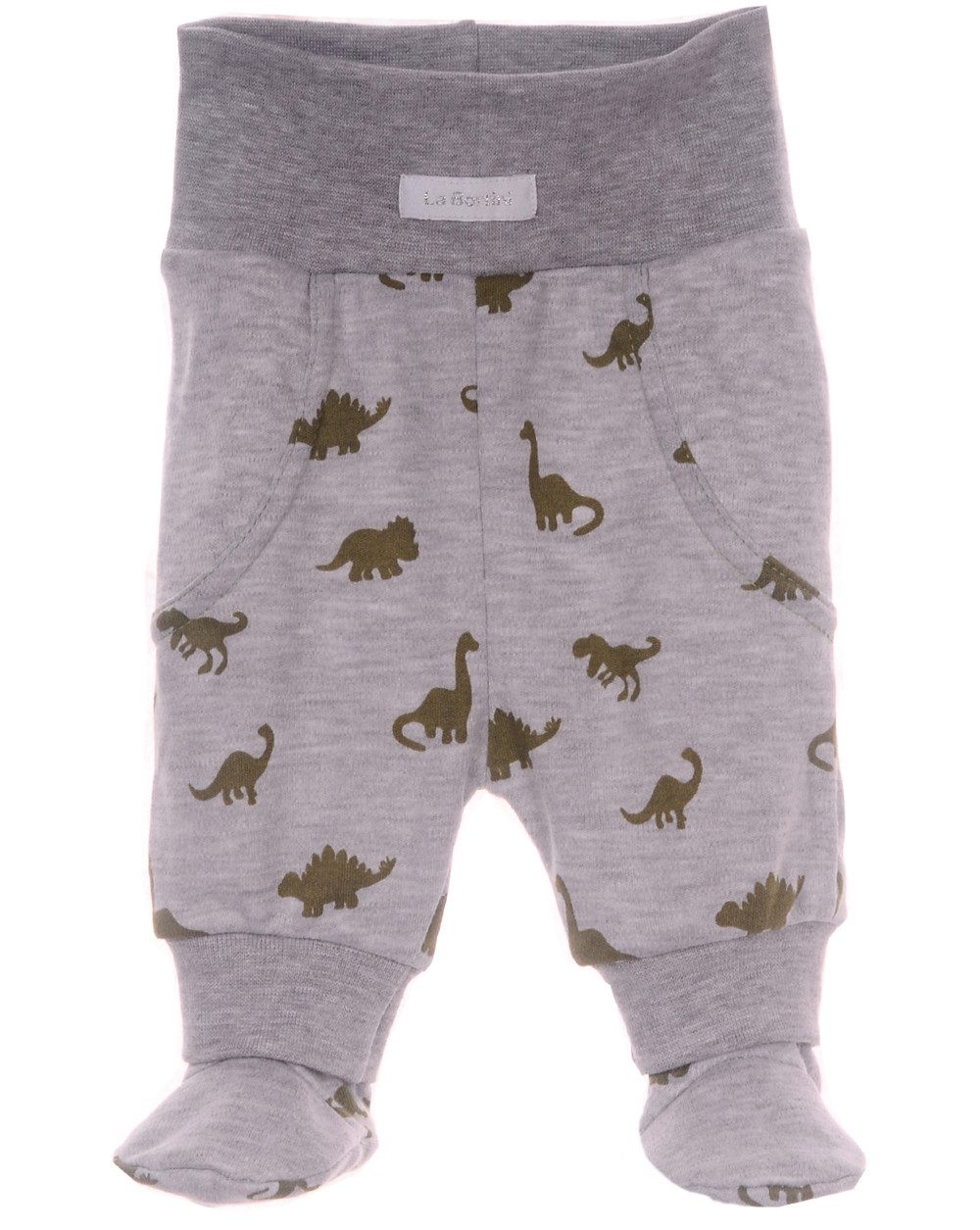 Schlupfhose Baby Hose mit Füßche in creme gelb oder grau mit Dino Muster