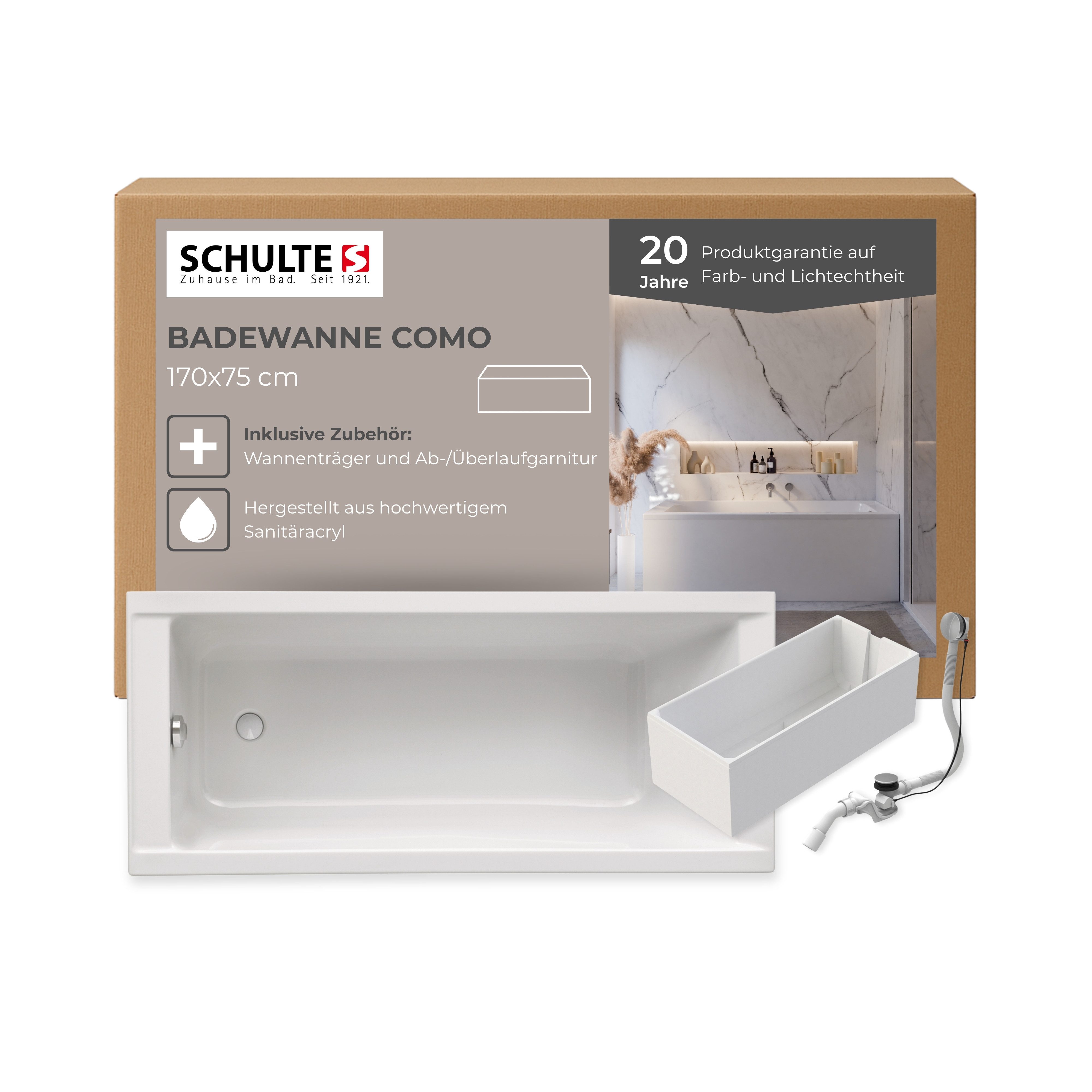 Schulte Badewanne Rechteck Como, 170x75 cm Sanitäracryl Weiß Komplett-Set mit Wannenträger und Ablauf