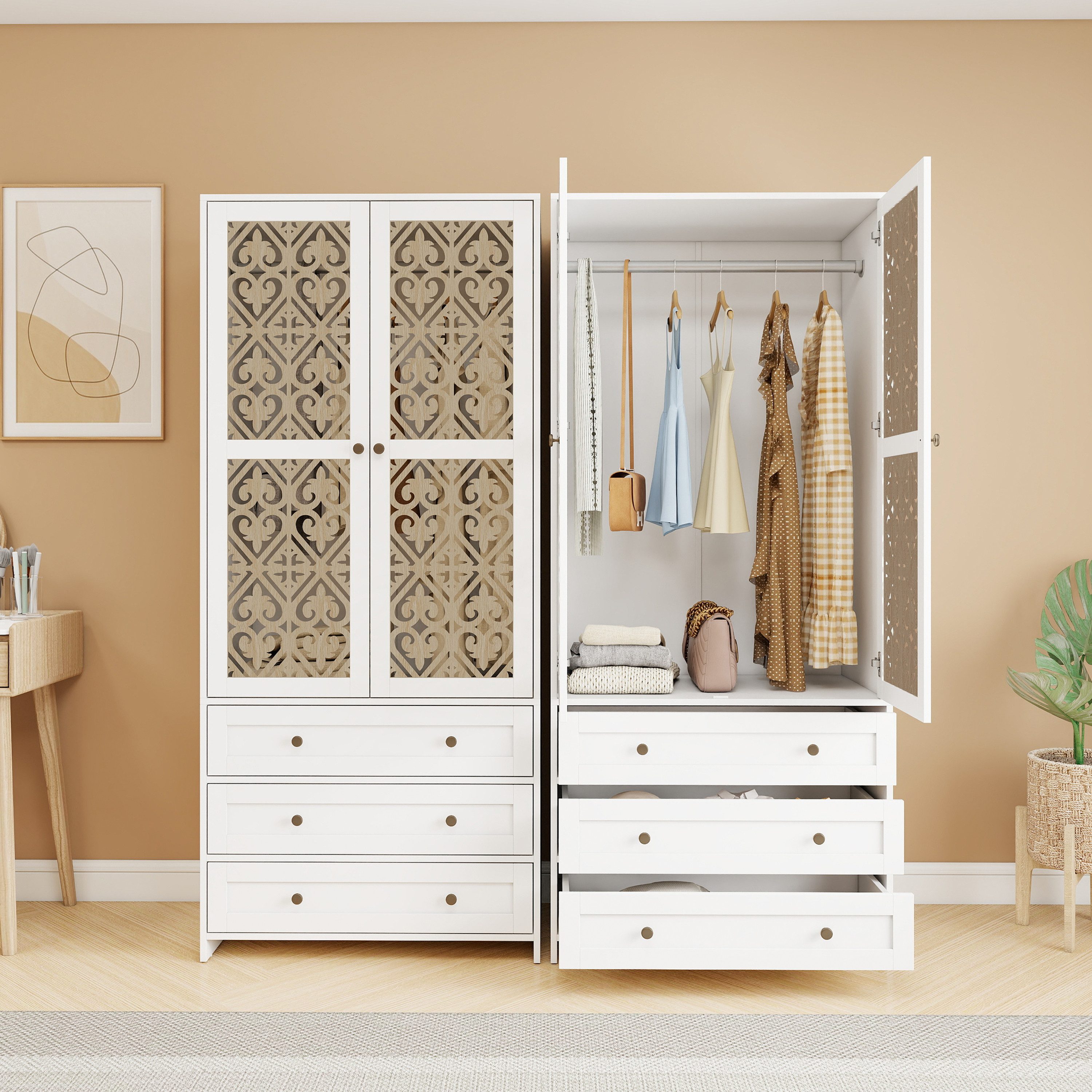 MODFU Kleiderschrank Garderobenschrank (mit Schnitzmustern und günstig online kaufen