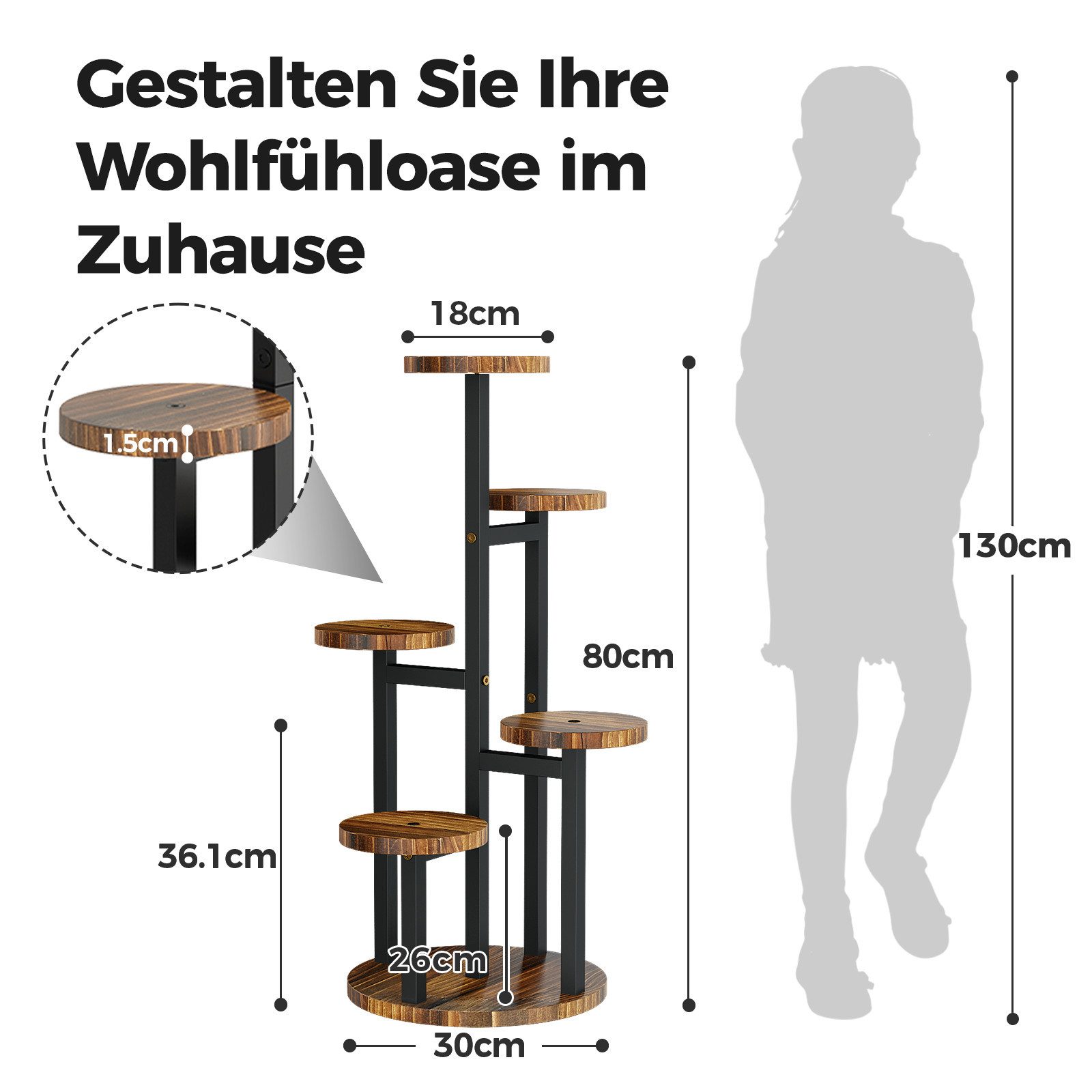 Bamworld Blumenständer Holz-Pflanzenständer, Indoor-Blumenregal, Kleiner Metall-Blumenständer (1 St), für Terrasse, Balkon, Wohnzimmer, Schlafzimmer (5 Etagen)