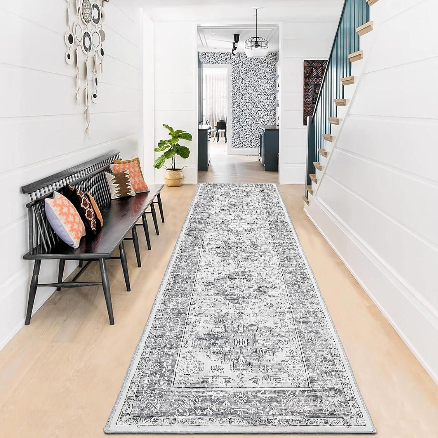 Küchenläufer Teppich Läufer 60x240 cm Grau Vintage Design rutschfest Waschküche