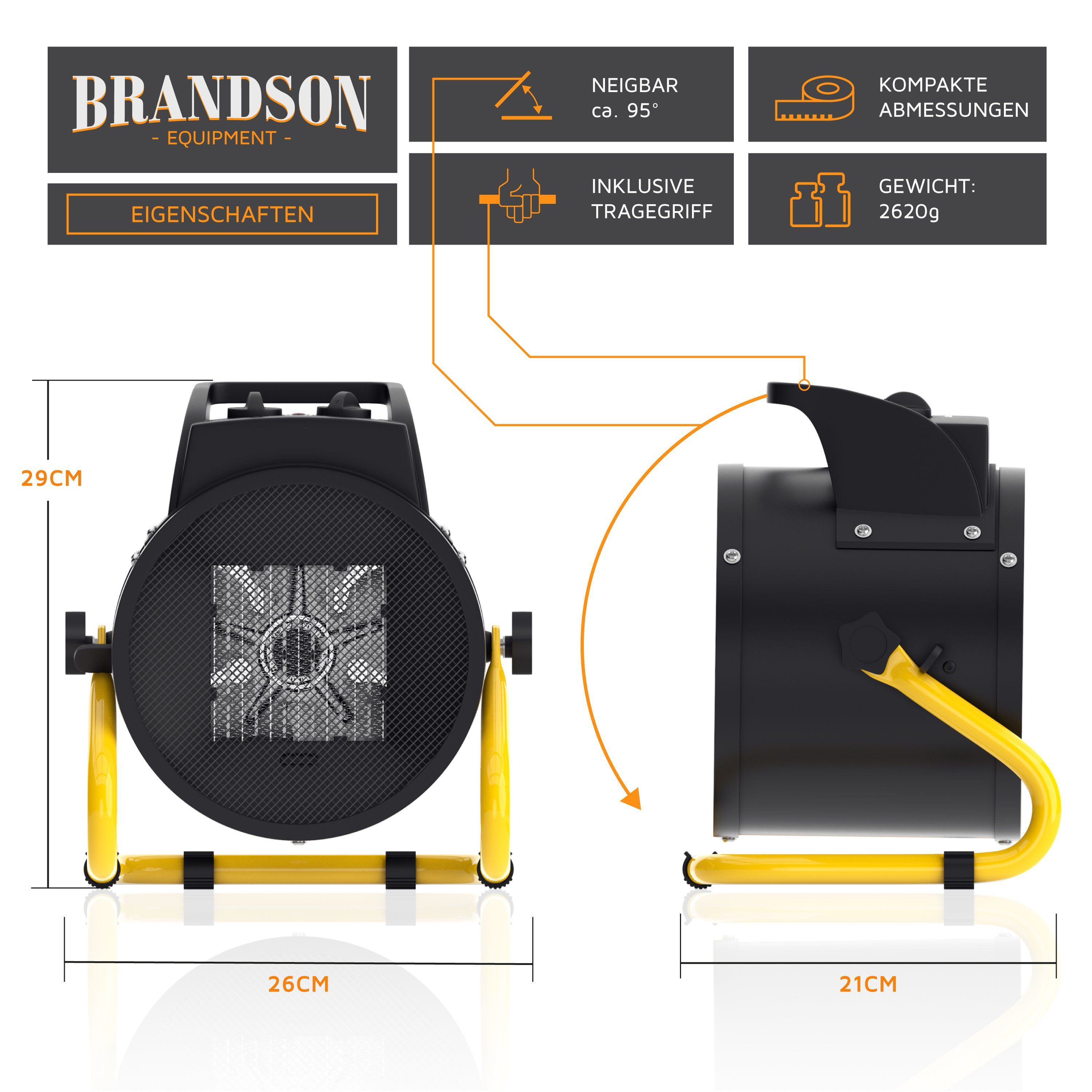 Brandson Keramikheizlüfter Baustellen Heizlüfter, Heizgebläse 3 kW / Keramik Elektroheizgebläse, 3000 W, Bautrockner mit Überhitzungsschutz für Baustelle Haus Werkstatt Garage