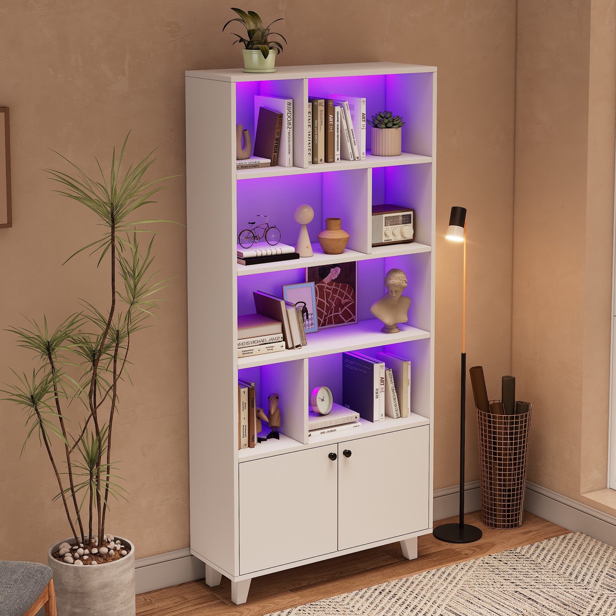 Flieks Bücherregal Hochschrank mit LED-Beleuchtung Mehrzweckschrank Holz, B80/T30/H173 cm 1-tlg., Standregal Büroregal Bücherschrank mit 7 offenen Fächern und 2 Türen