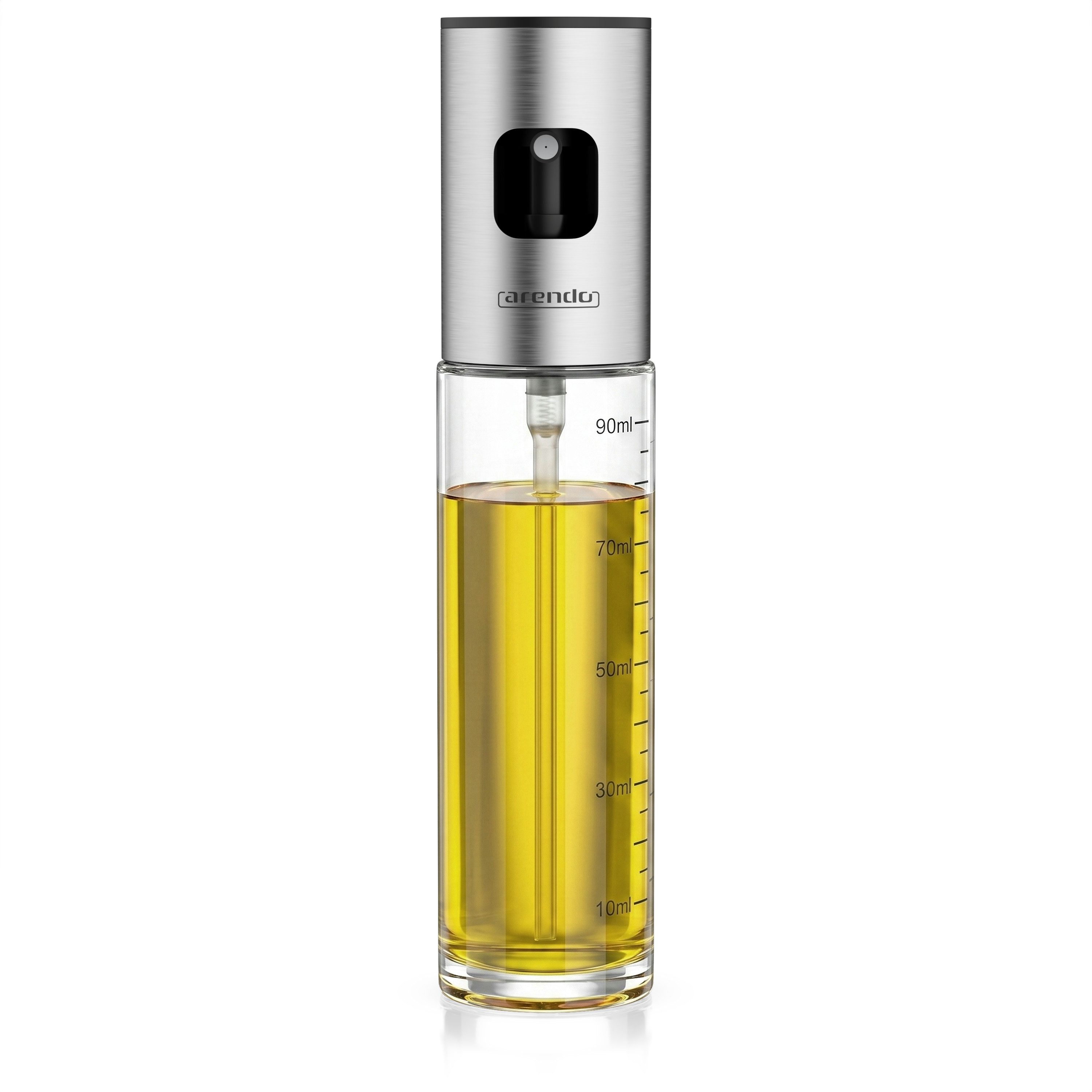 Arendo Ölspender Ölsprüher aus Glas, Skala 90 ml, rutschfester Sprühknopf, Glasflasche, (Set, 1-tlg., mit Silikonbürste, Reinigungsbürste und Trichter), für Salat Grillen Backen Kochen Heißluftfritteuse, BPA Frei