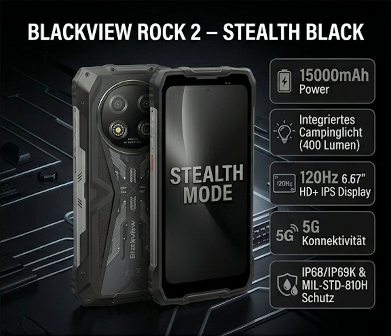blackview 5G Outdoor Smartphone 15000mAh Akku 12+36GB RAM 120Hz Display Smartphone (16.94 cm/6.67 Zoll, 256 GB Speicherplatz, 16 MP Kamera)